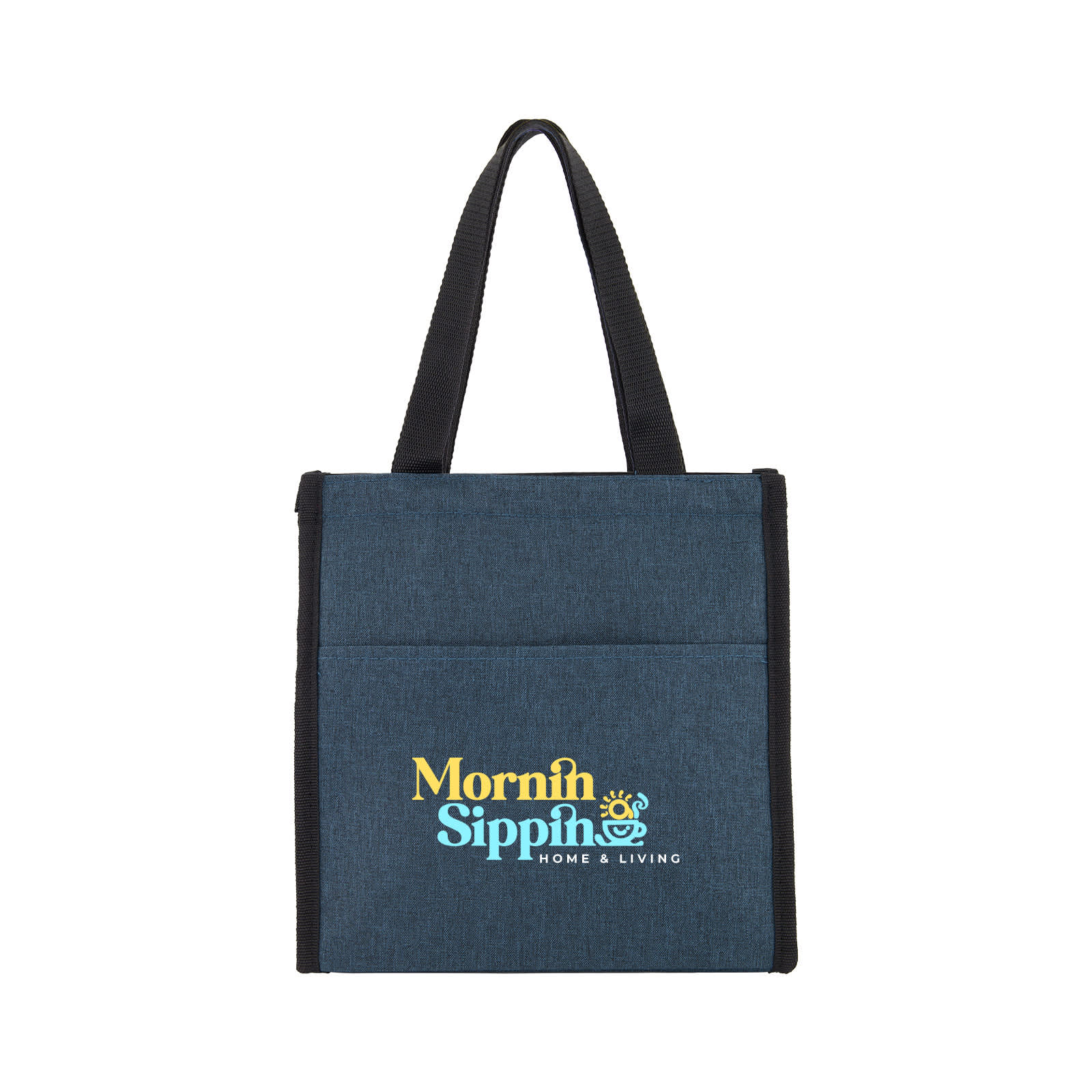 A promotional bag in navy with black handles and a logo in yellow and blue text.