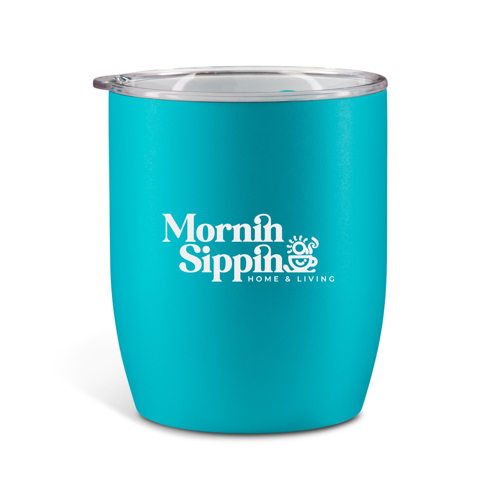 A drink bottle in a vibrant turquoise colour with a clear lid and a logo on the front.