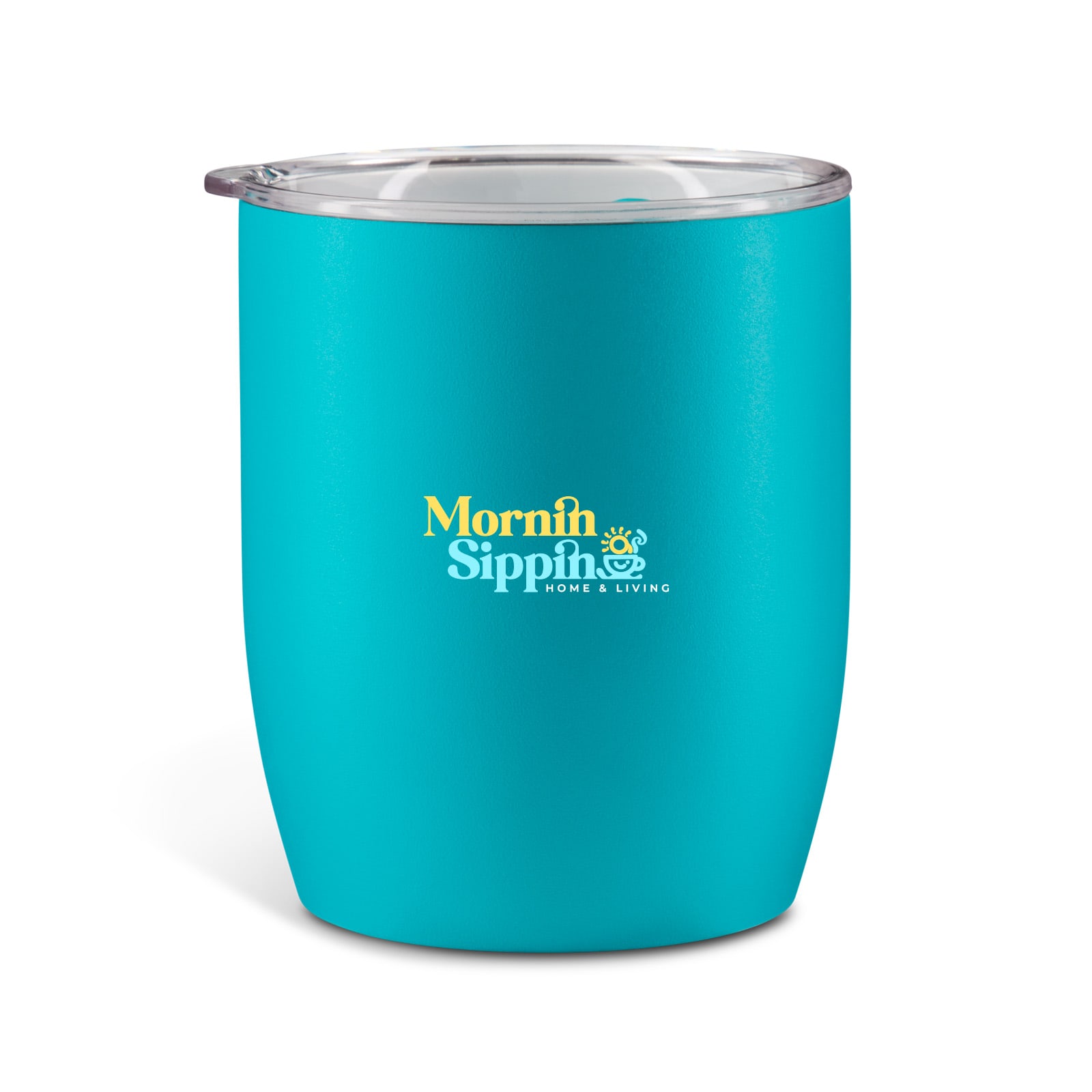 A turquoise drink bottle with a transparent lid and a logo on the front.