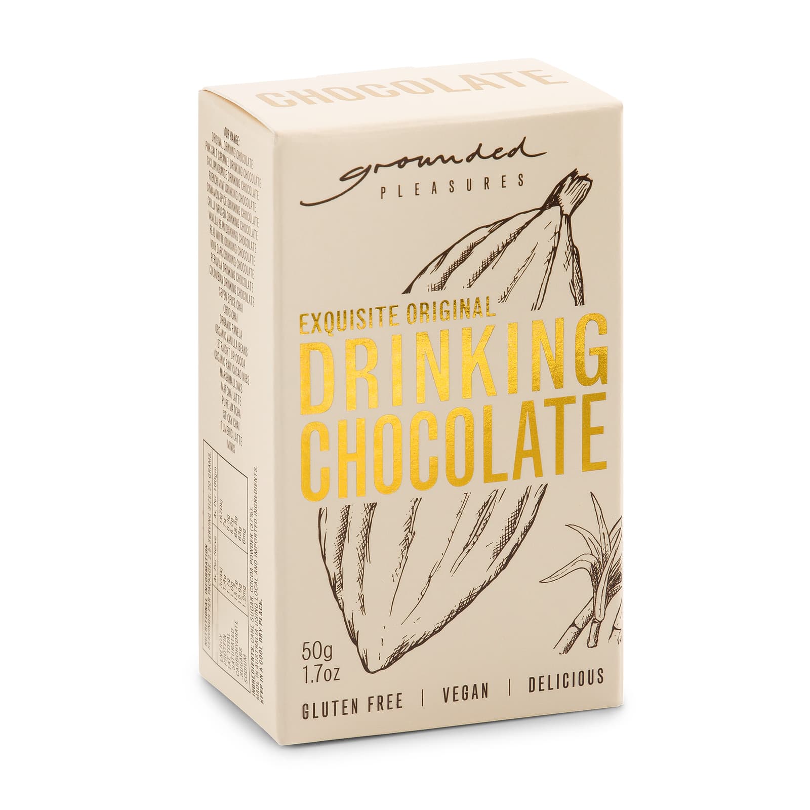 A box of drinking chocolate in beige with a logo, featuring ingredients and gluten-free, vegan labels.