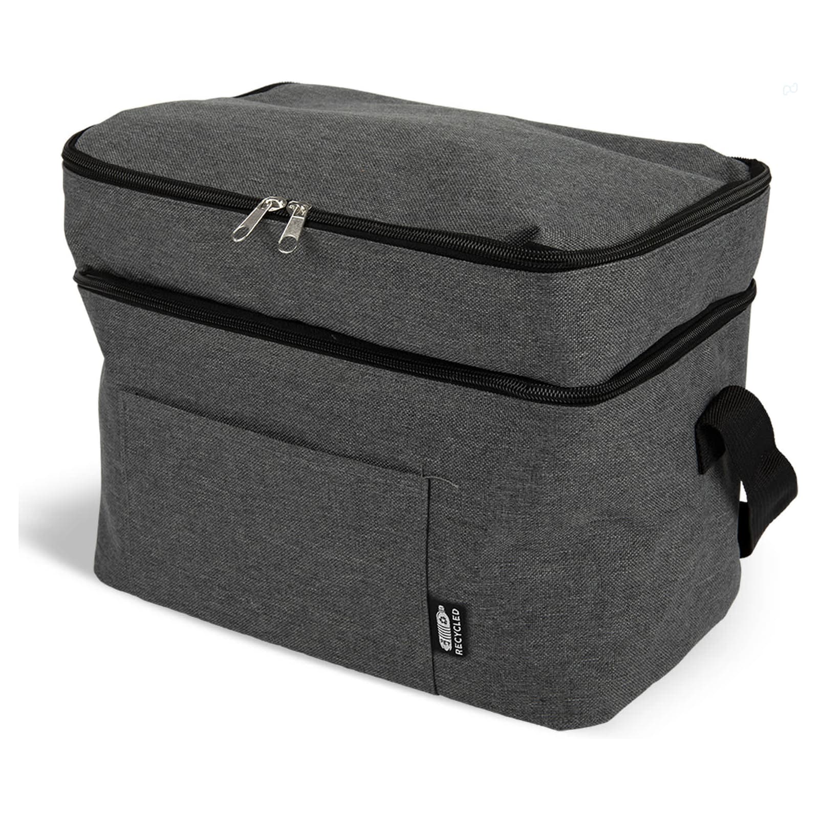 A grey insulated cooler bag with a zippered top and a front pocket, featuring a handle for easy carrying.