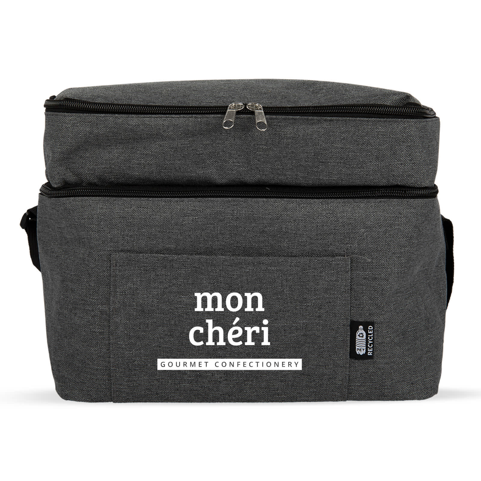 A grey insulated cooler bag with a zippered top and a front pocket, featuring a logo.