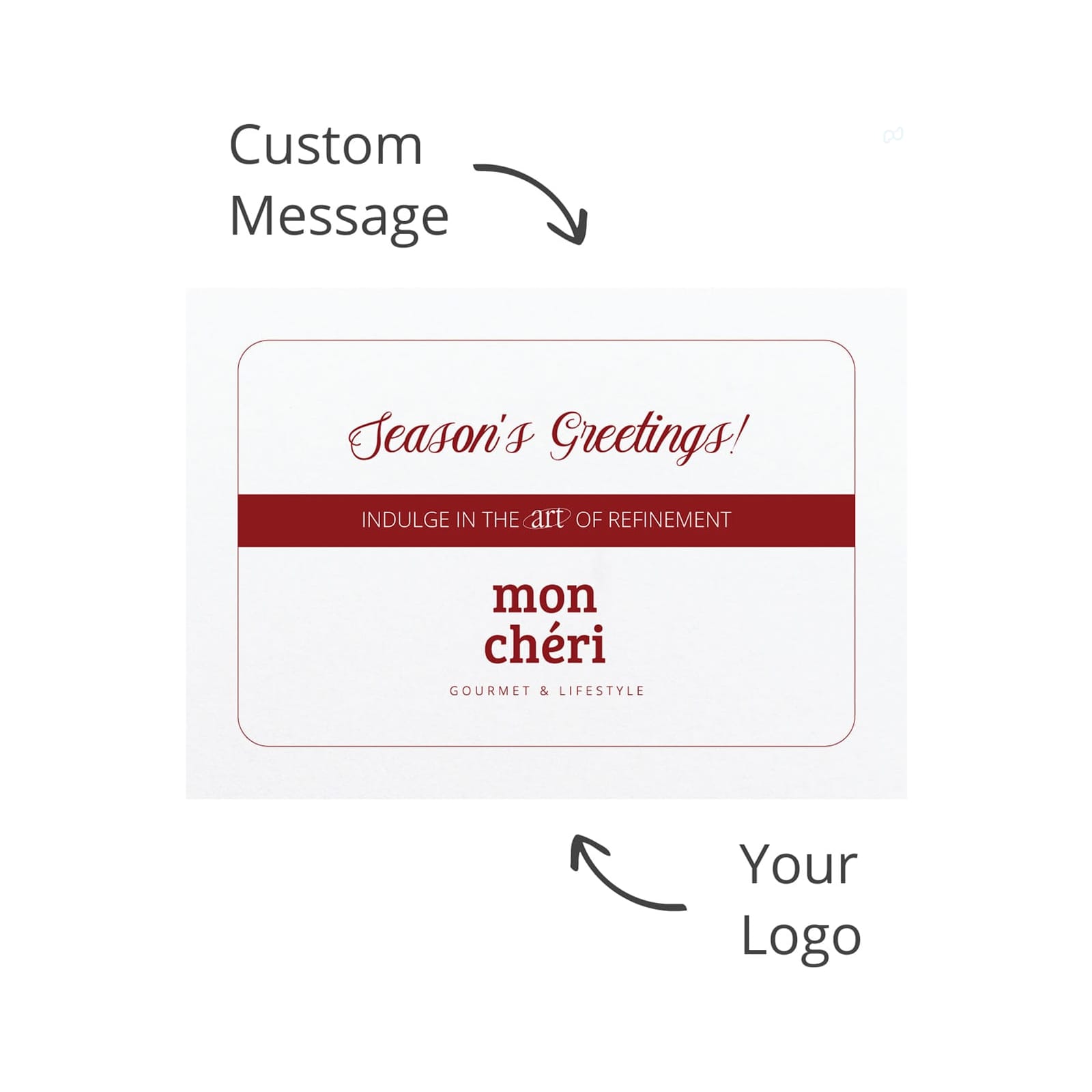 A promotional greeting card featuring a red and white design with space for a custom message and a logo.