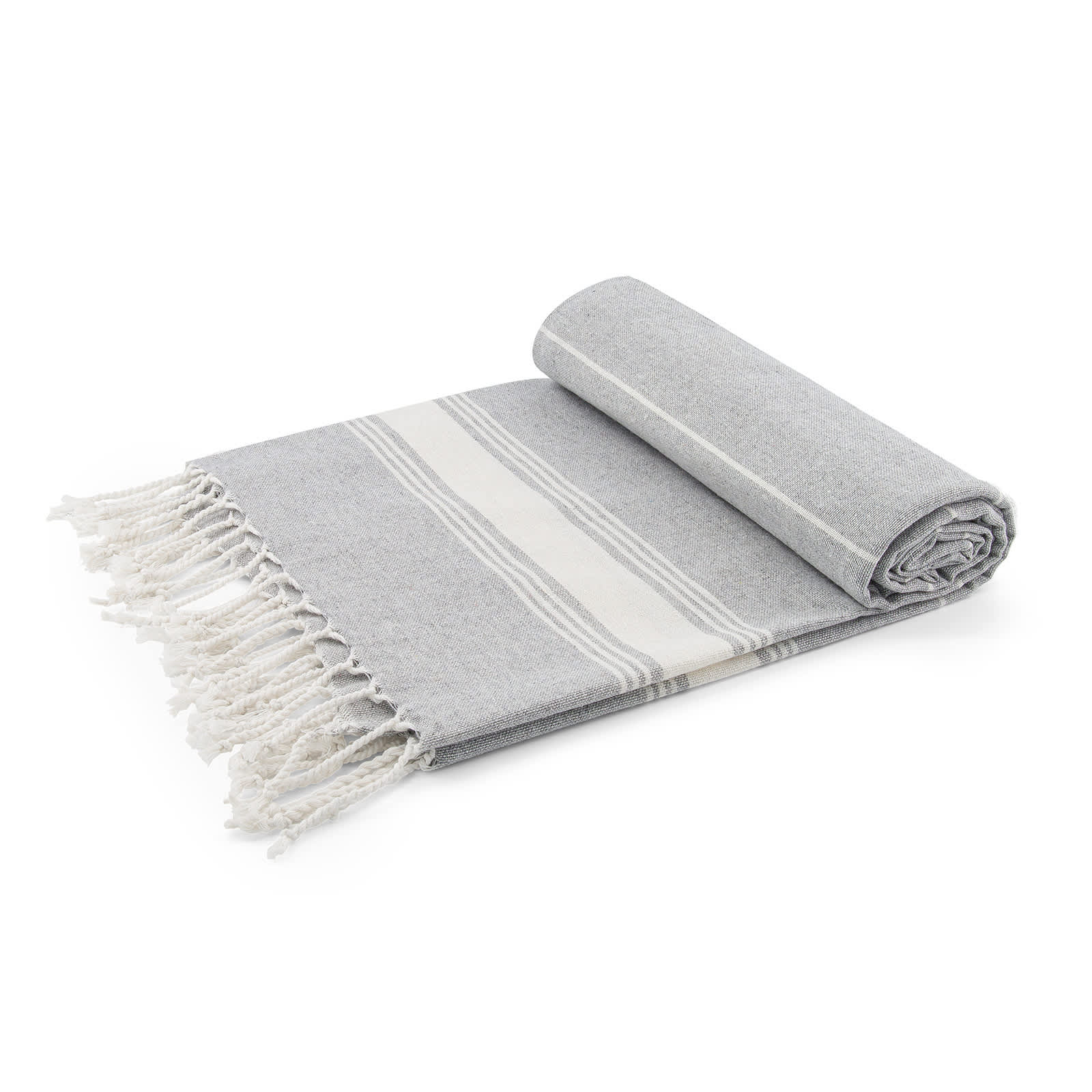 A grey towel with a white stripe pattern and fringed edges, neatly rolled and folded.