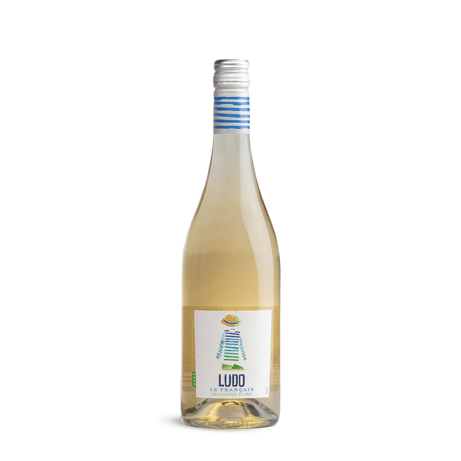 A drink bottle with a clear liquid, featuring a white label, blue and white striped cap, and a logo.