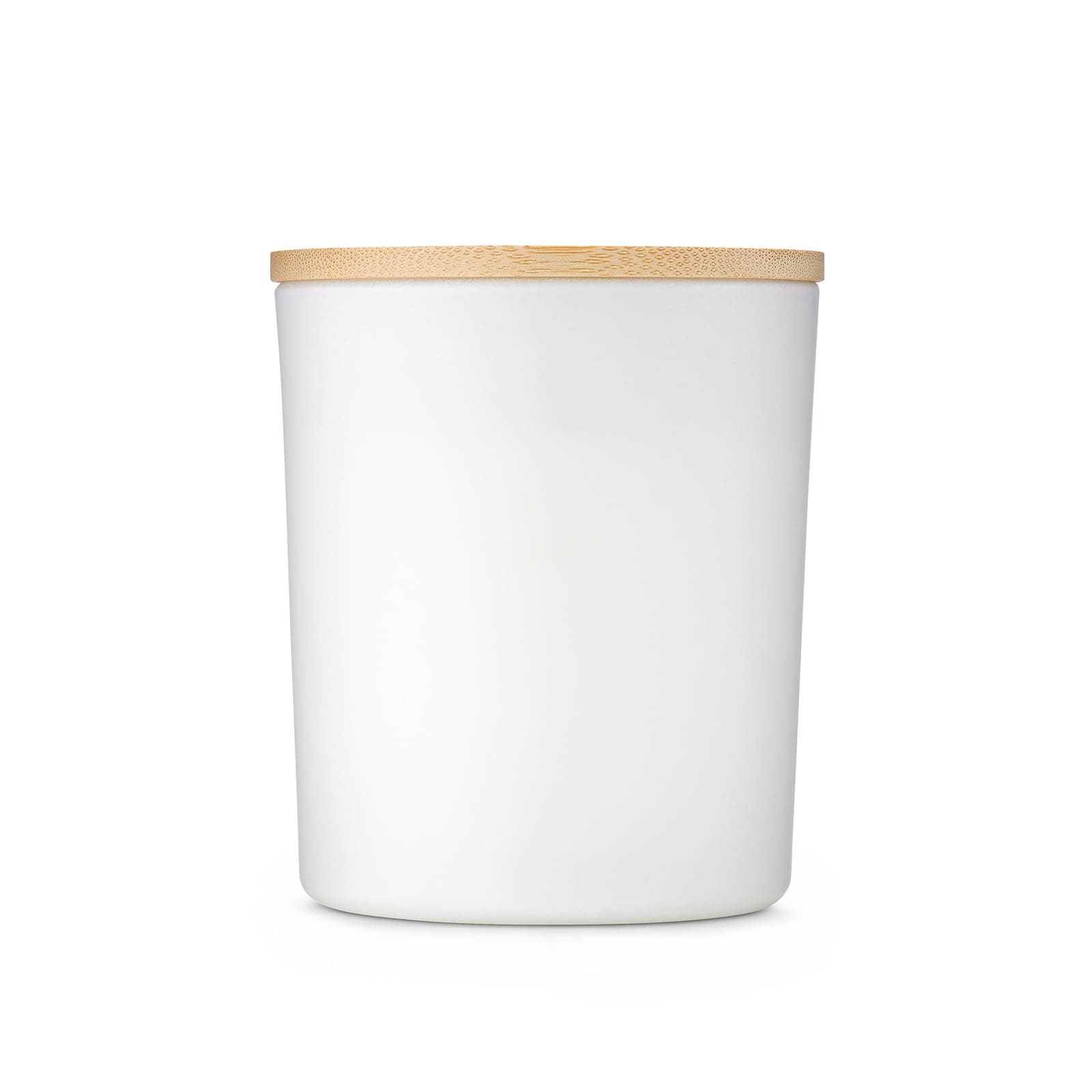 A white container with a wooden lid, featuring a smooth finish and cylindrical shape.