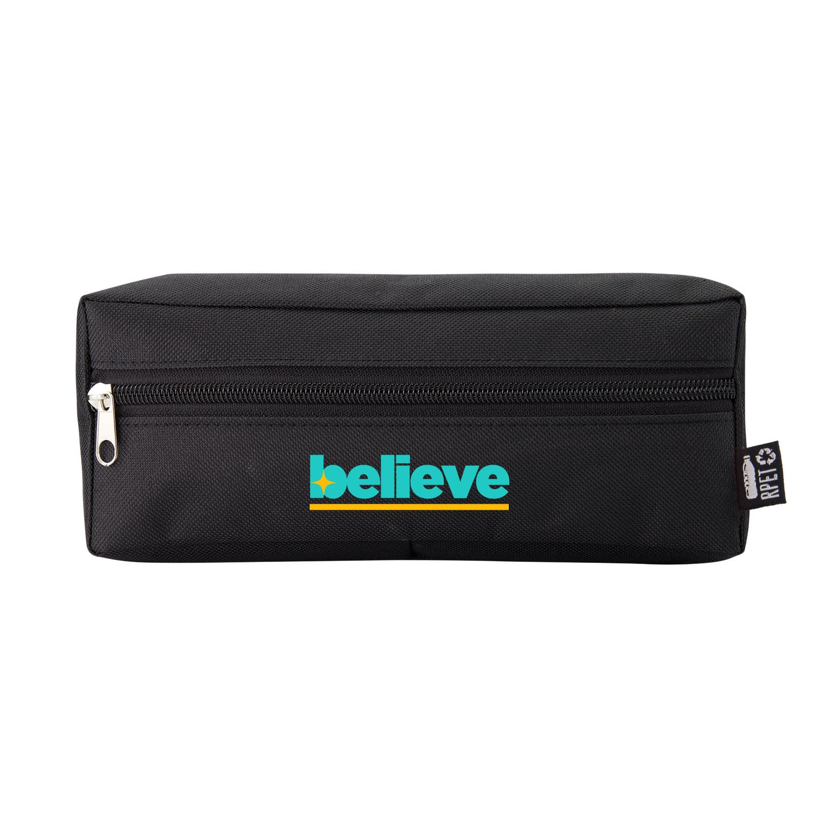 A black rectangular pouch with a zipper, featuring a colourful logo on the front.