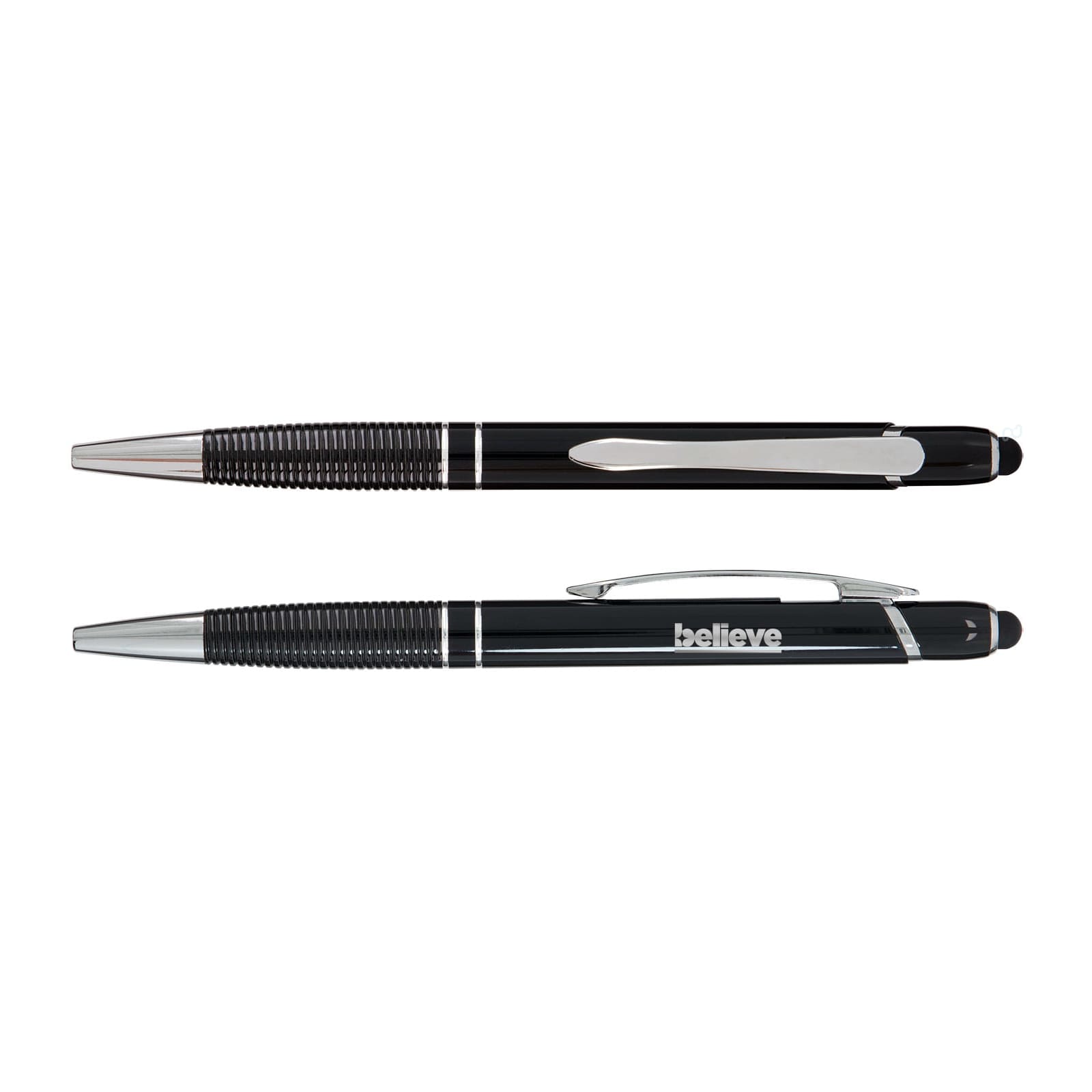 A black pen with chrome accents and a textured grip, featuring a stylus tip and a branding logo.