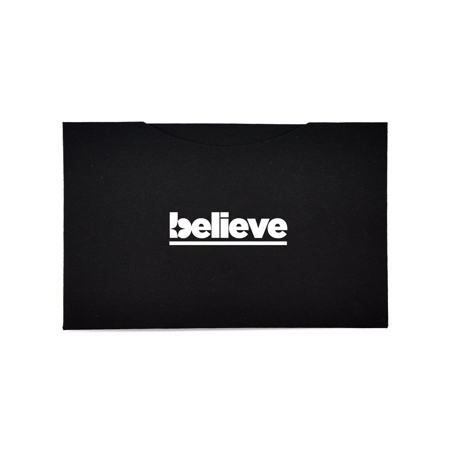 A black promotional folder featuring a prominent white logo. The design is sleek and minimalistic.