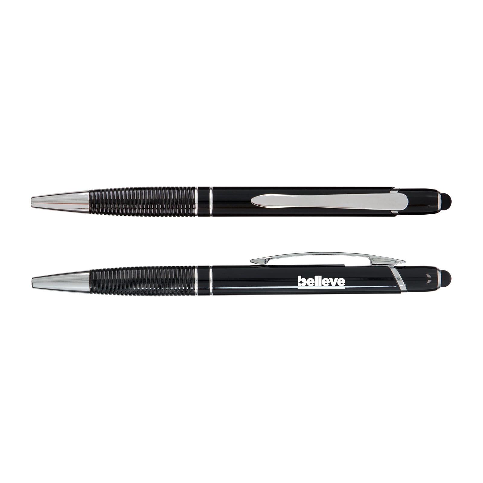 Two black pens with silver accents, featuring a textured grip and one with a printed logo.