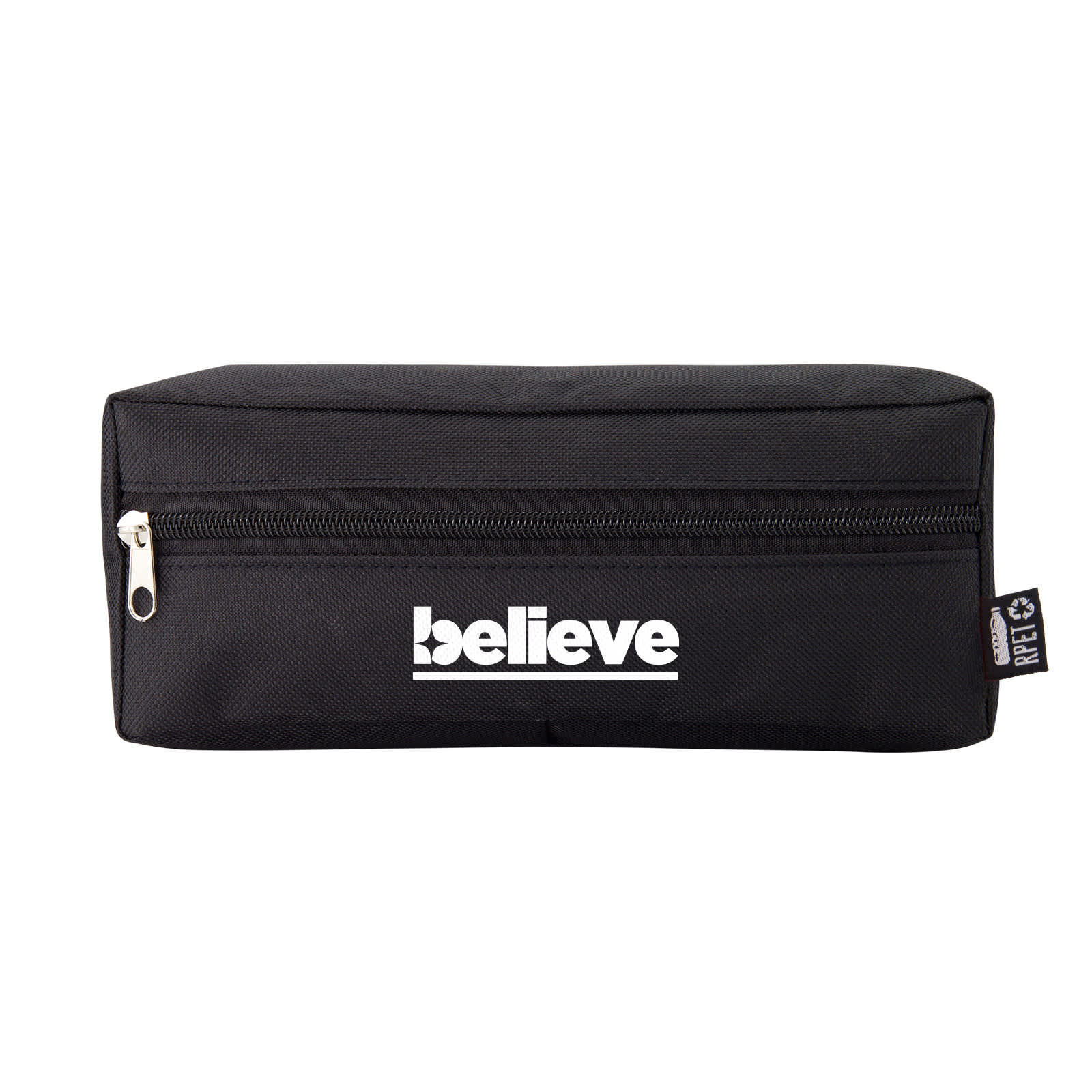 A black rectangular pencil case with a zip closure and a logo feature.