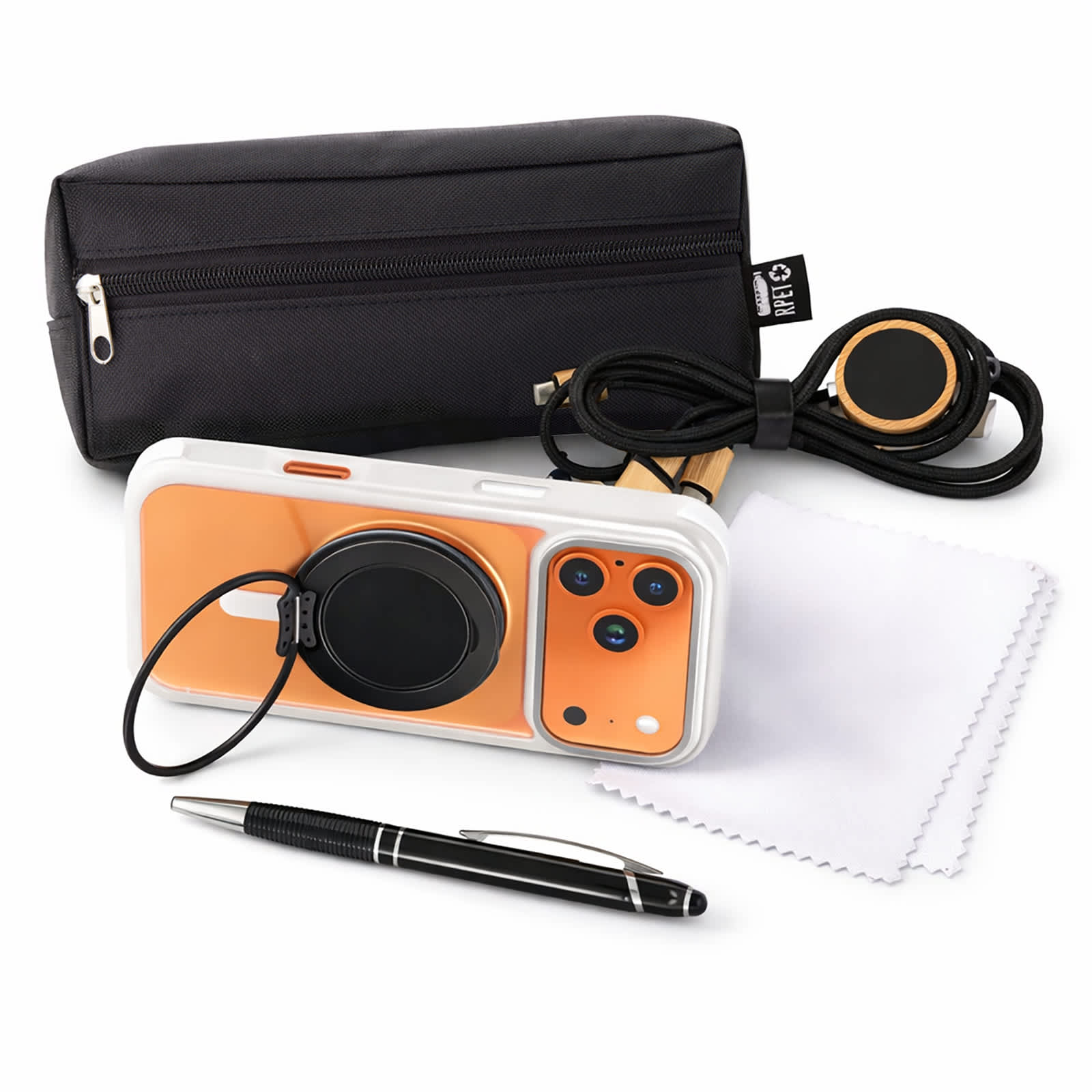 A black pouch contains an orange phone case, a pen, a cleaning cloth, and a coiled charging cable with a connector.