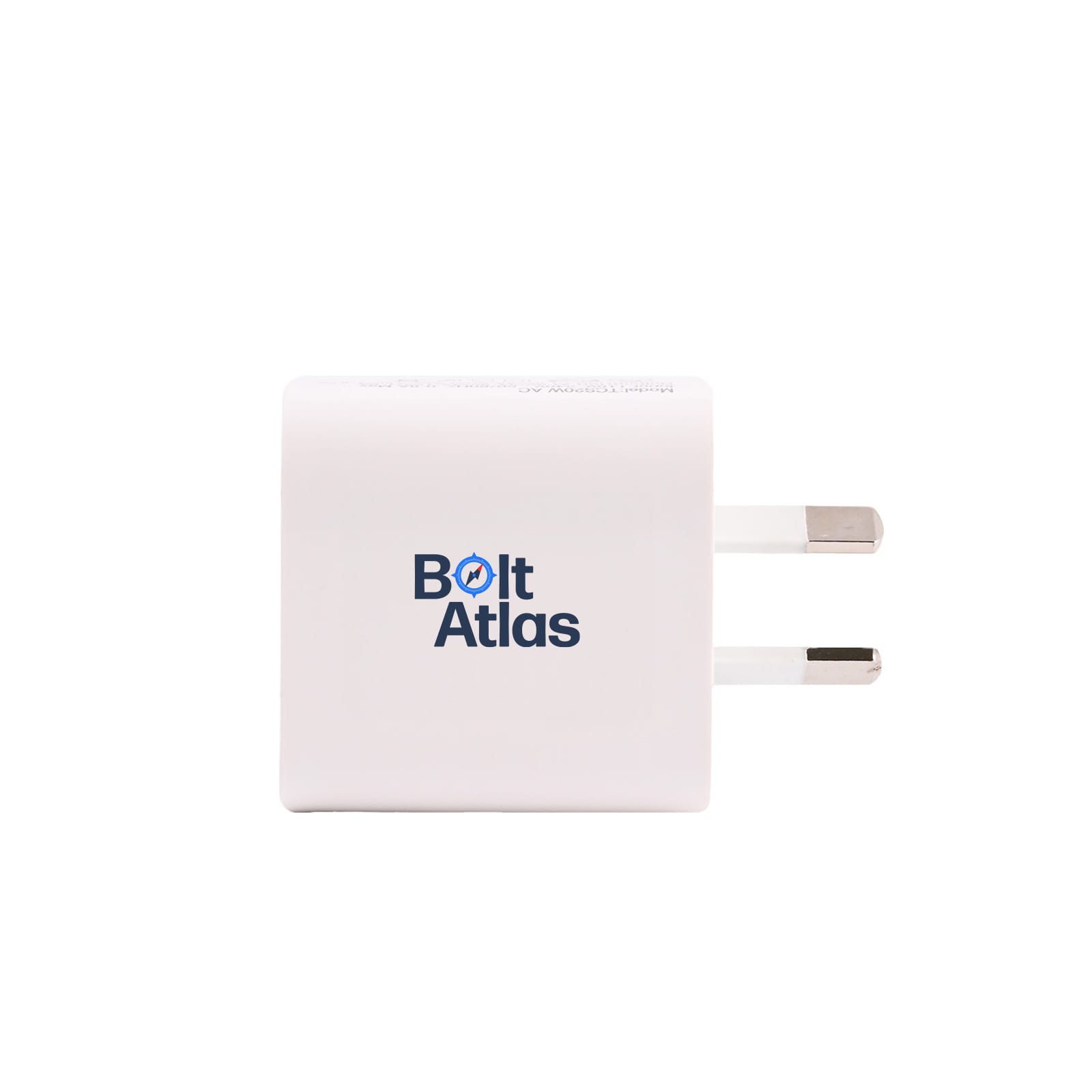 A white power adapter with two metal prongs and a logo on one side.