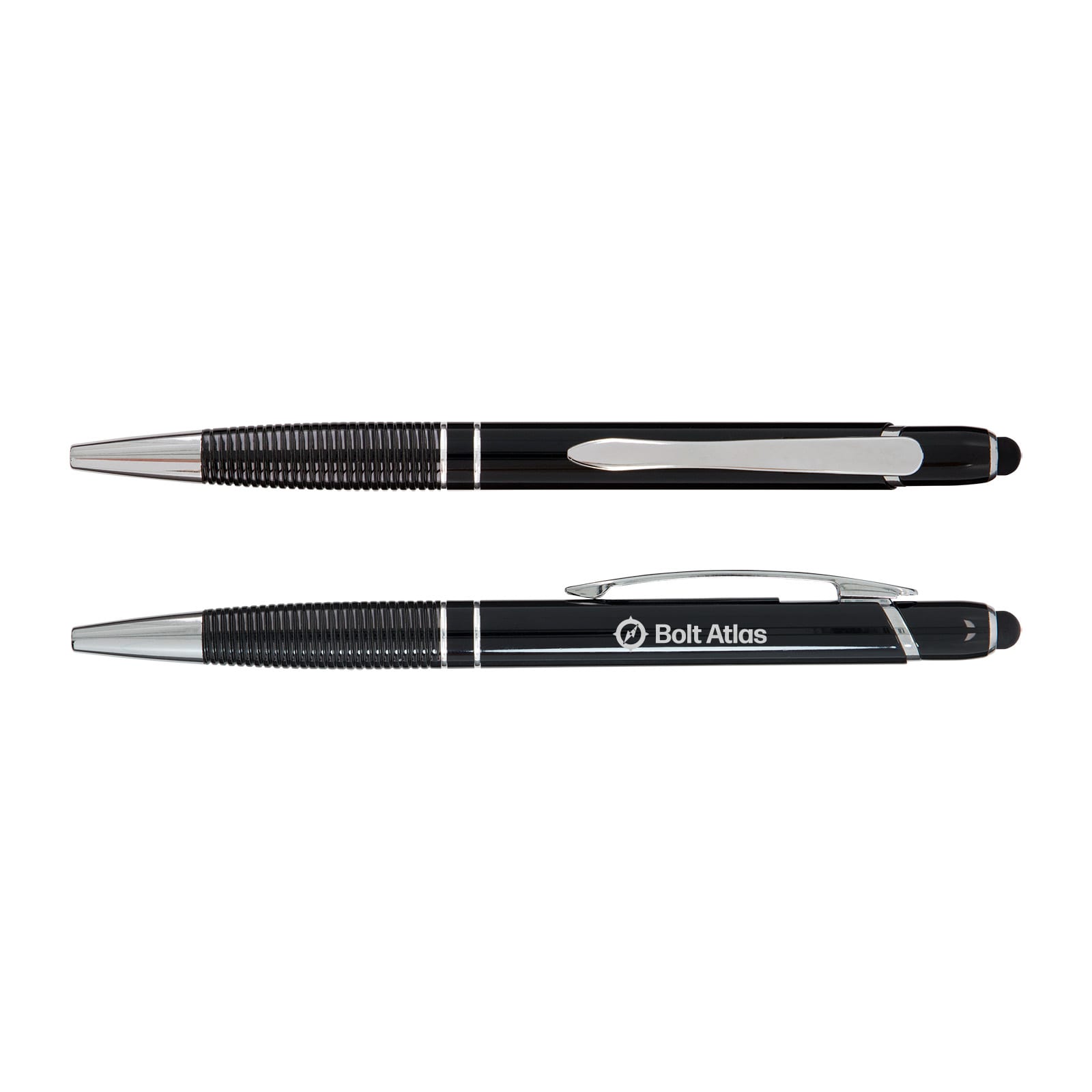 Two black pens with chrome accents, featuring textured grips and one with a logo.