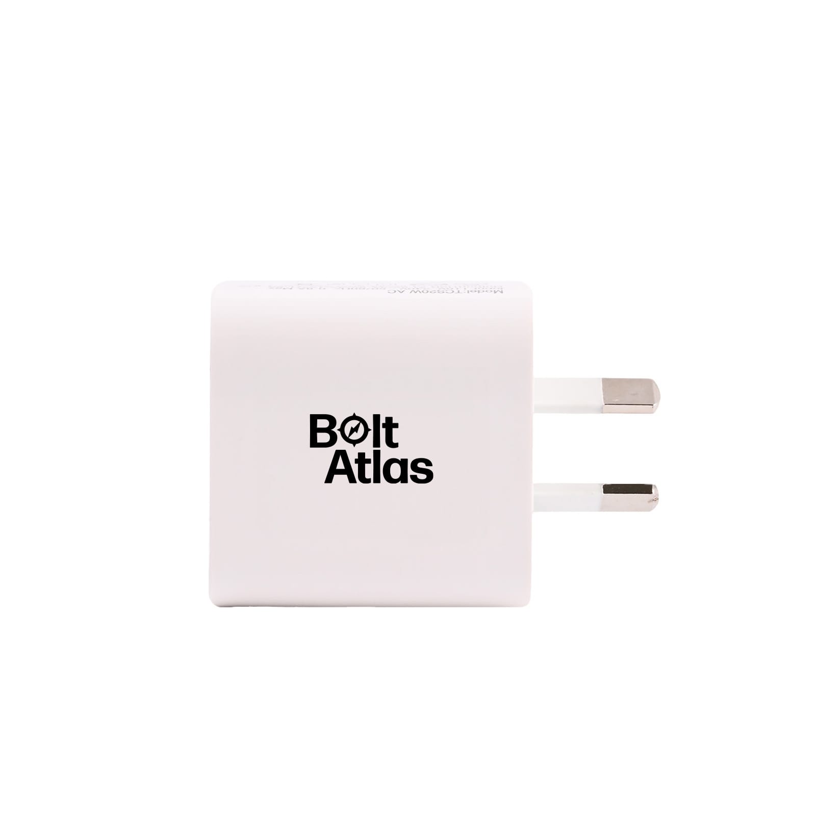 A white power adapter with two prongs and a logo on the front.
