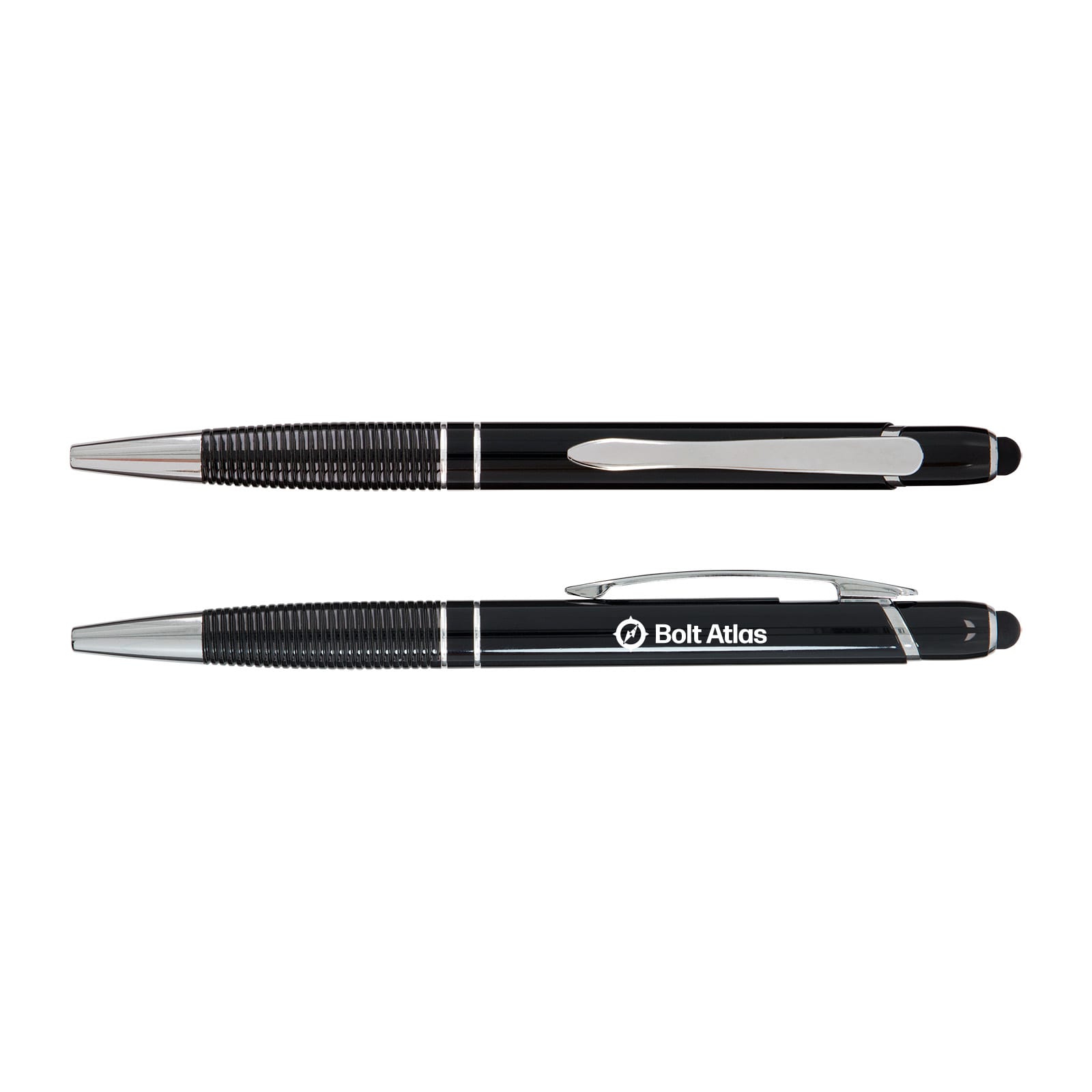A set of black pens with chrome accents, featuring a textured grip and a logo on one pen.