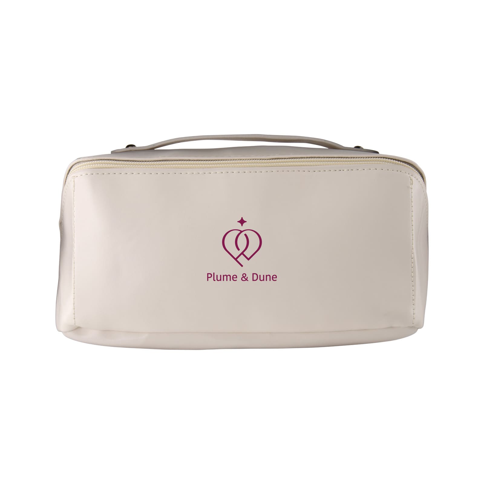 A cream cosmetic bag with a logo on the front, featuring a zip closure and a handle for easy carrying.