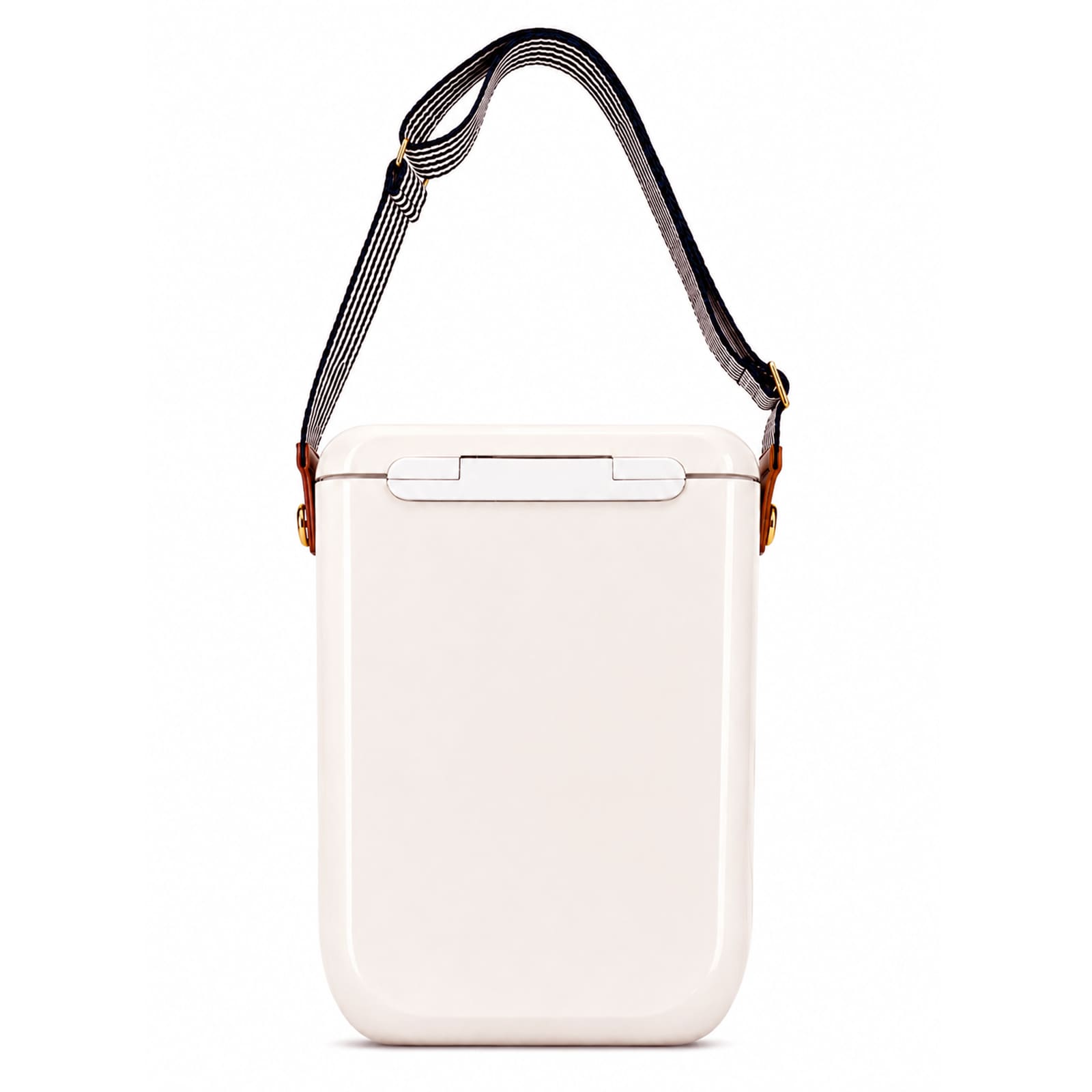 A cooler with a sleek cream exterior and a detachable striped strap. It features a sturdy handle for easy carrying.