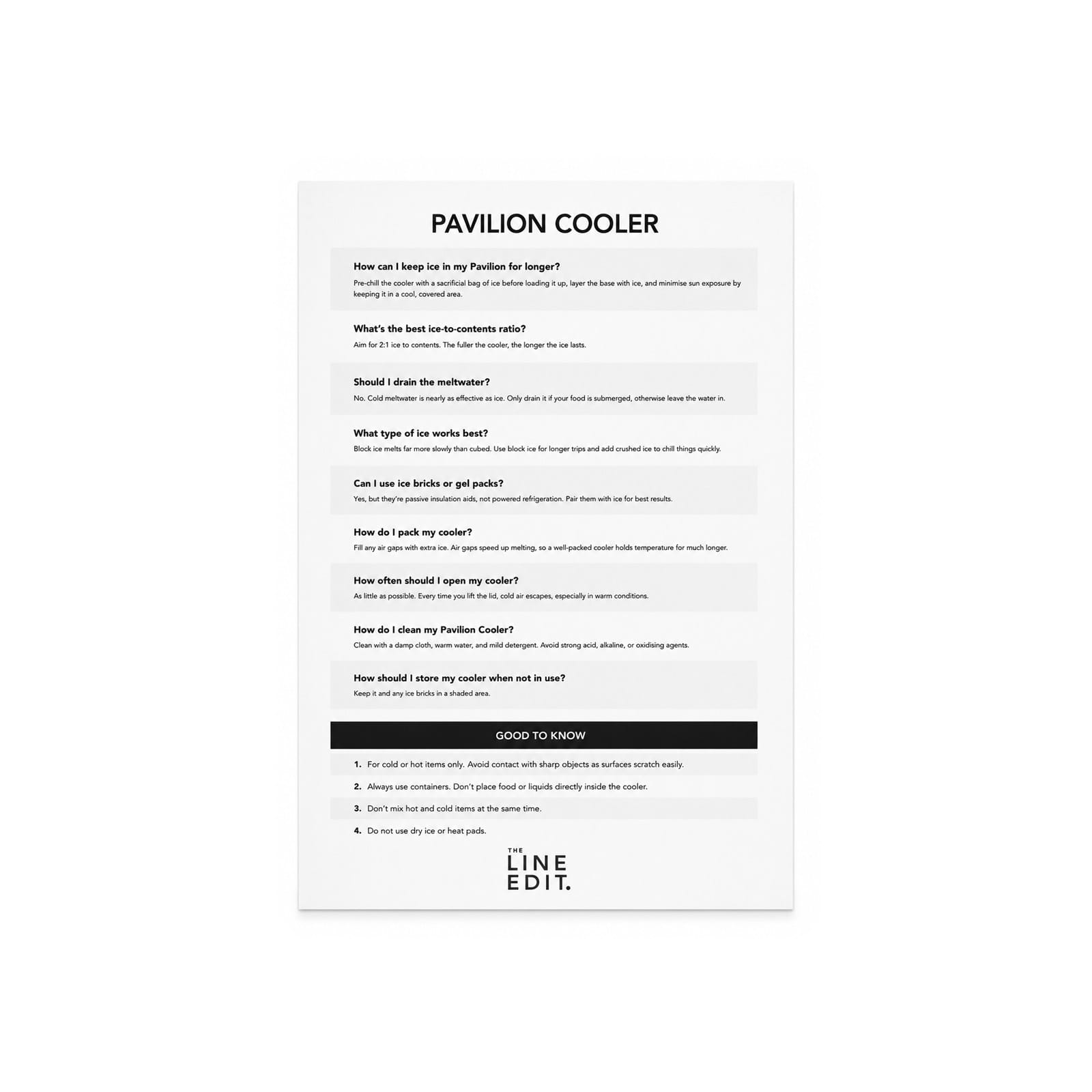 A promotional document featuring the Pavilion Cooler, with white background and black text, detailing product information and FAQs.