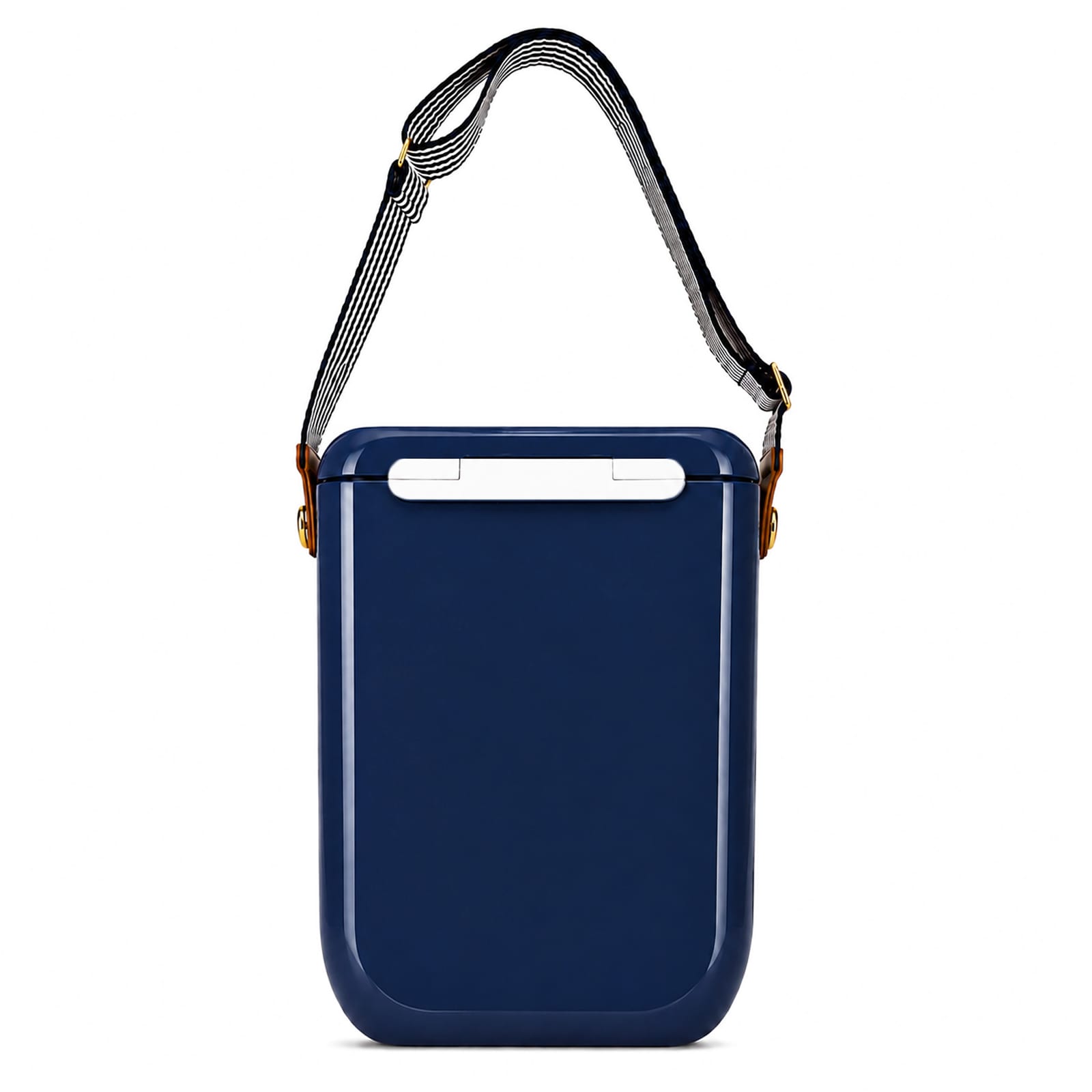 A navy blue cooler with a white handle and a black and white striped strap. It features a logo on its front.