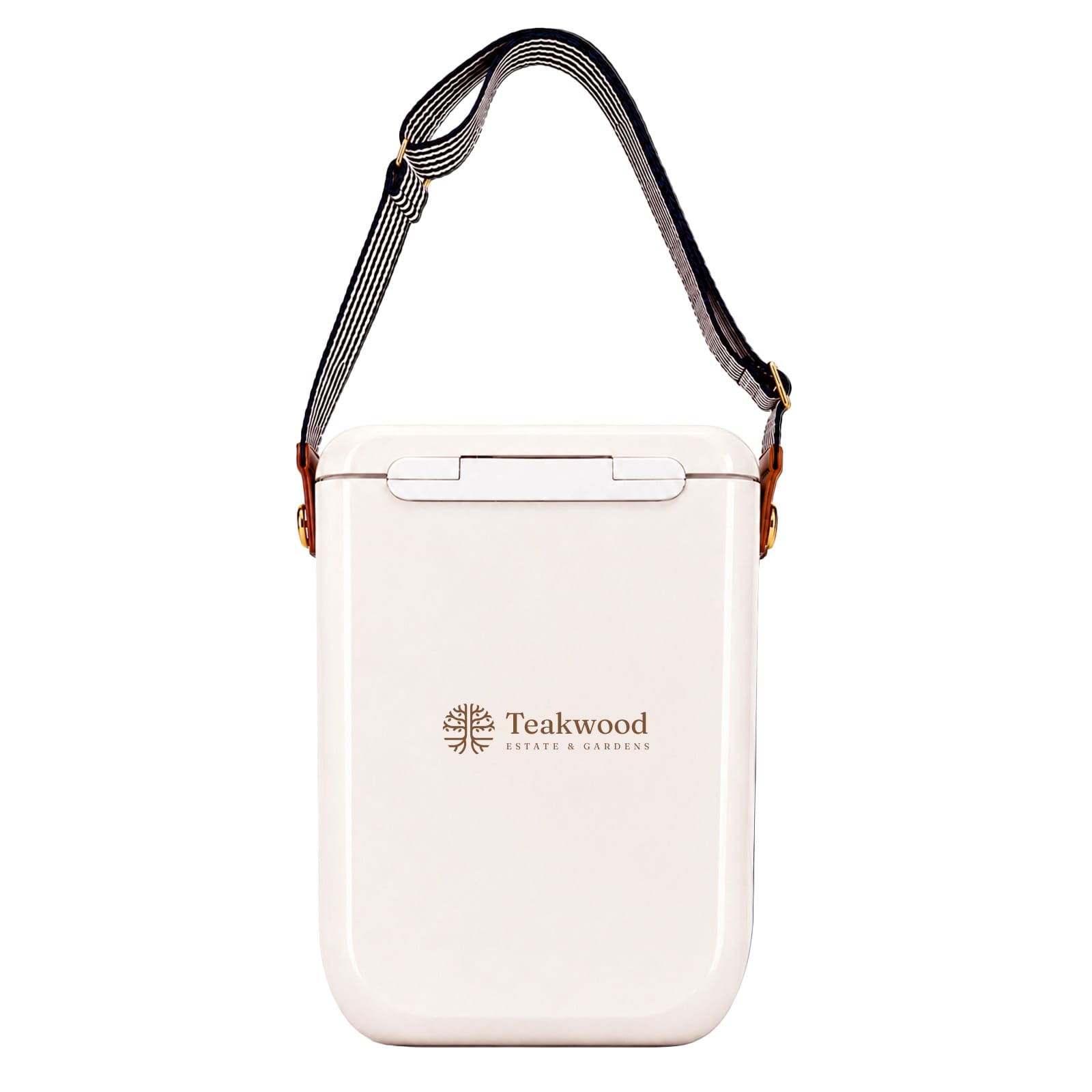 A Pavilion cooler in white with a striped shoulder strap and a logo. Compact design for easy carrying.