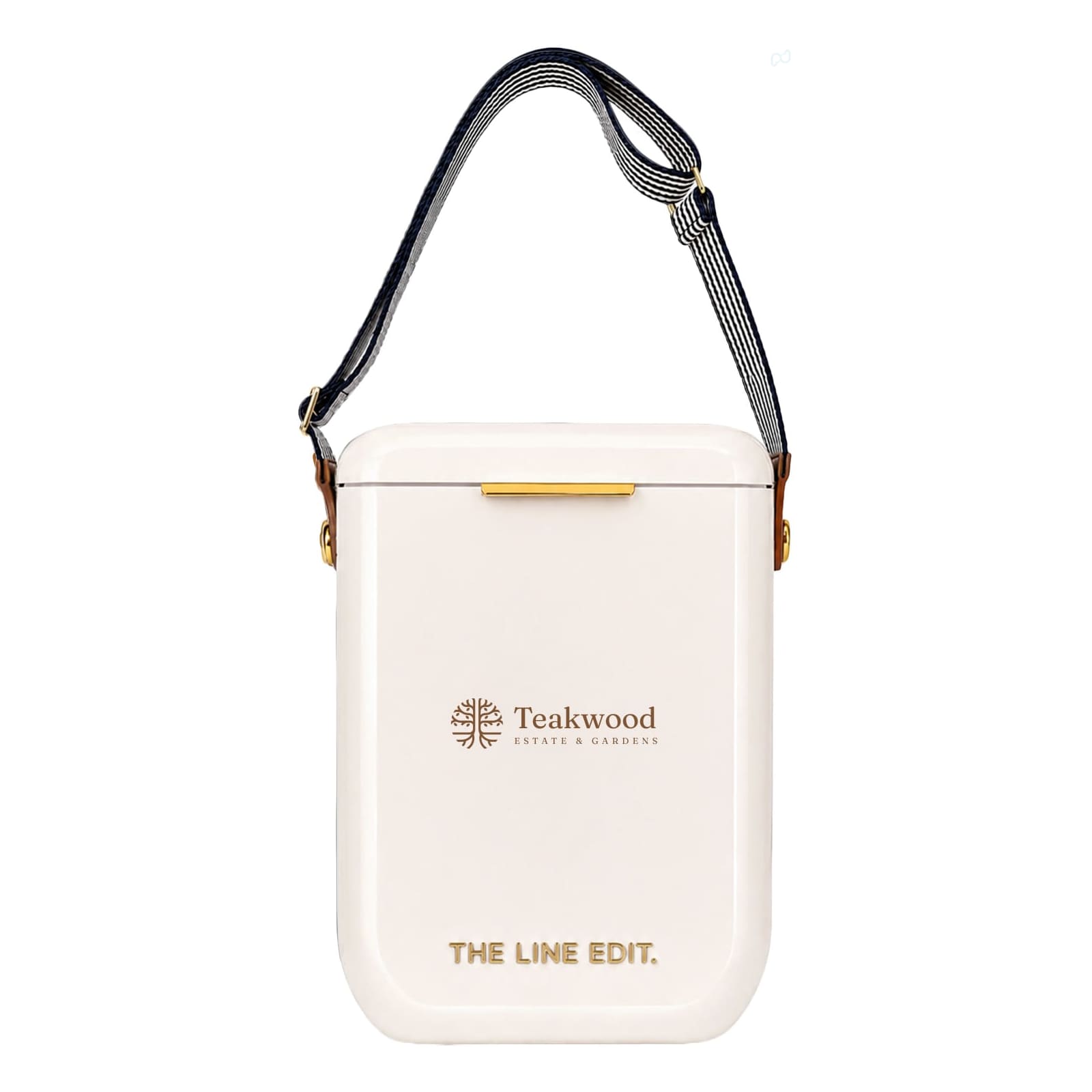 A white cooler with a strap and branding, featuring a simple design and a gold clasp.
