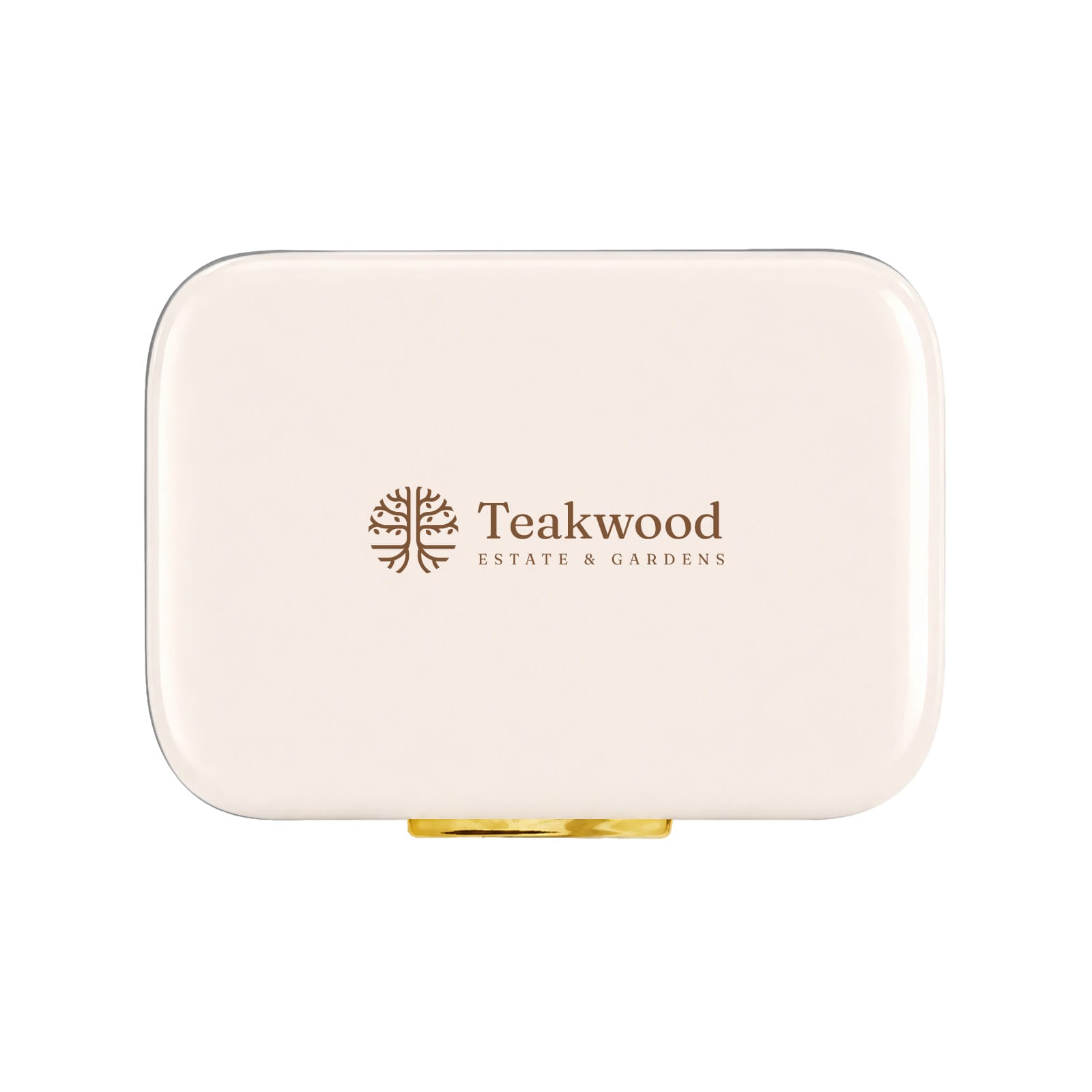 A cream-coloured cooler with a gold clasp and a logo. The design features a rectangular shape.