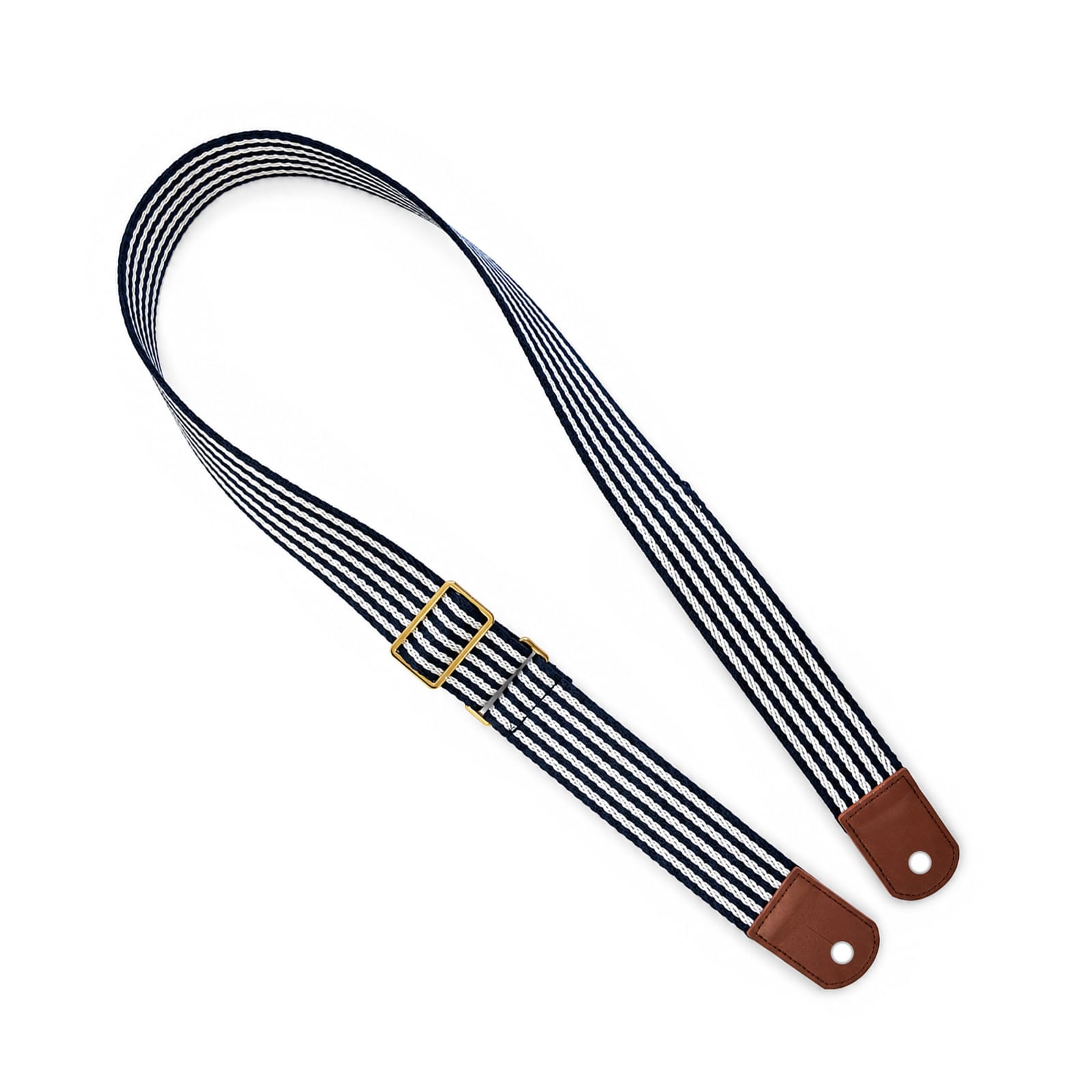 A striped shoulder strap in navy and white with brown leather ends and a gold buckle. It has a stylish design.