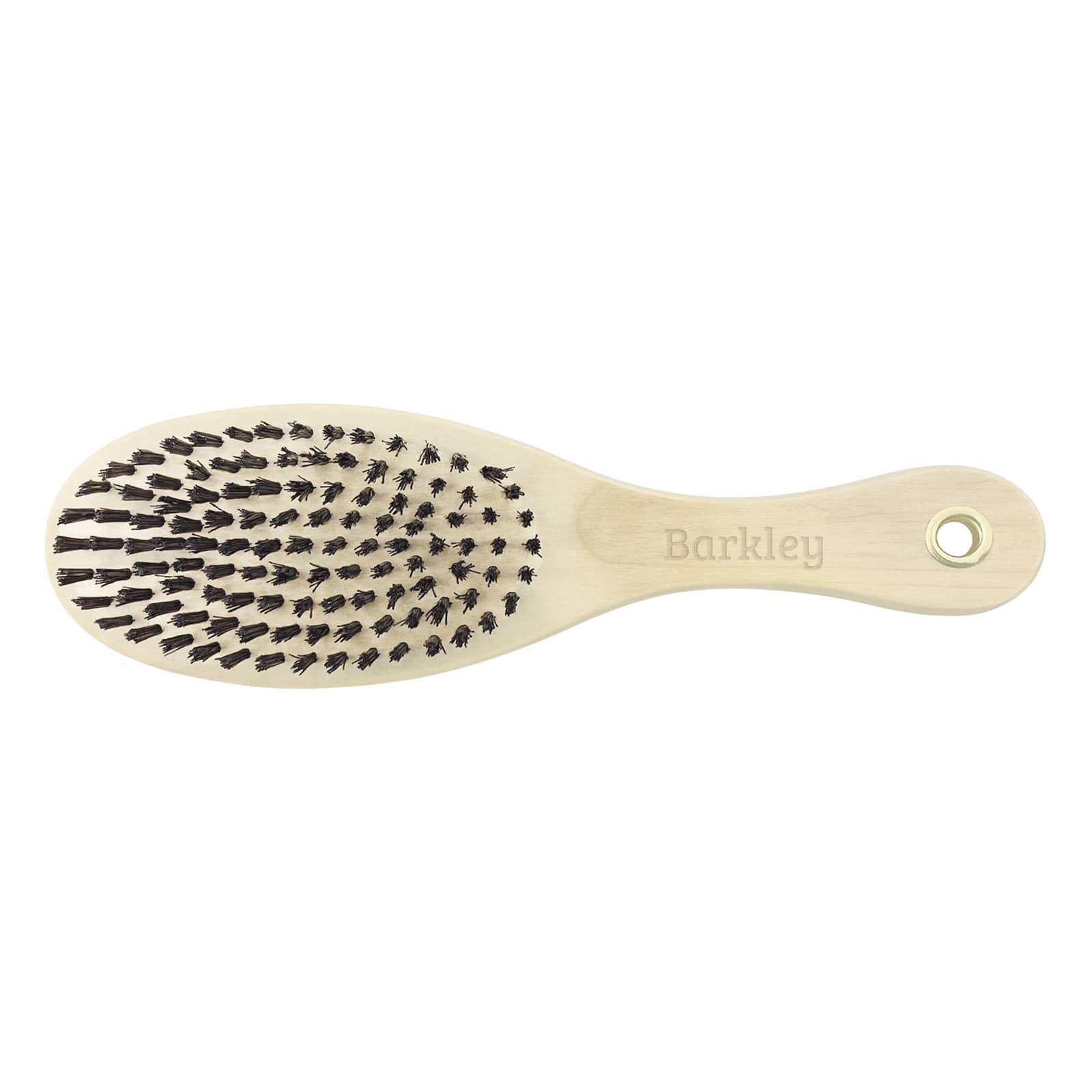 A wooden pet brush with a light handle and black bristles, featuring a branding logo on the handle.