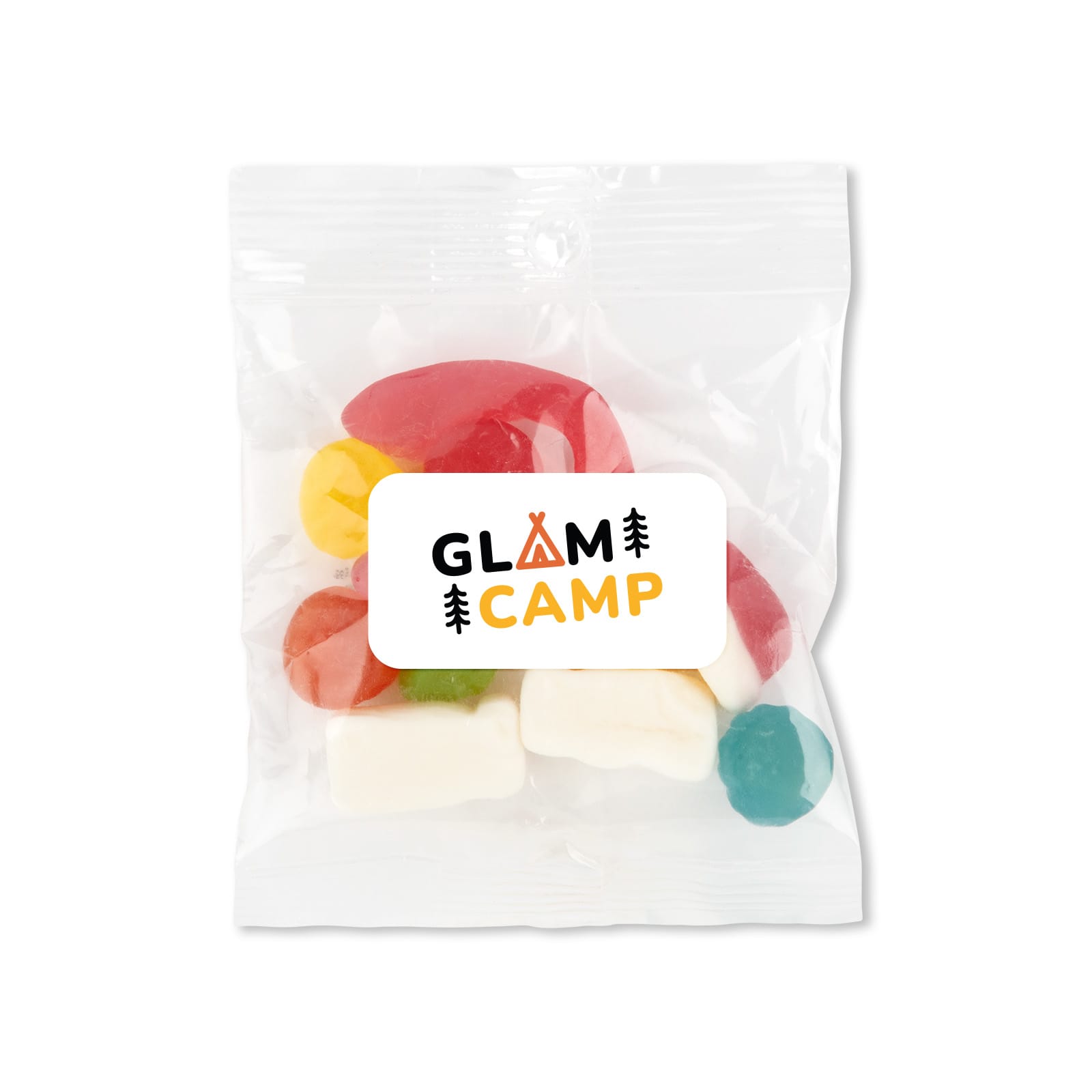 A clear plastic bag containing assorted coloured gummy candies, with a logo on the front.