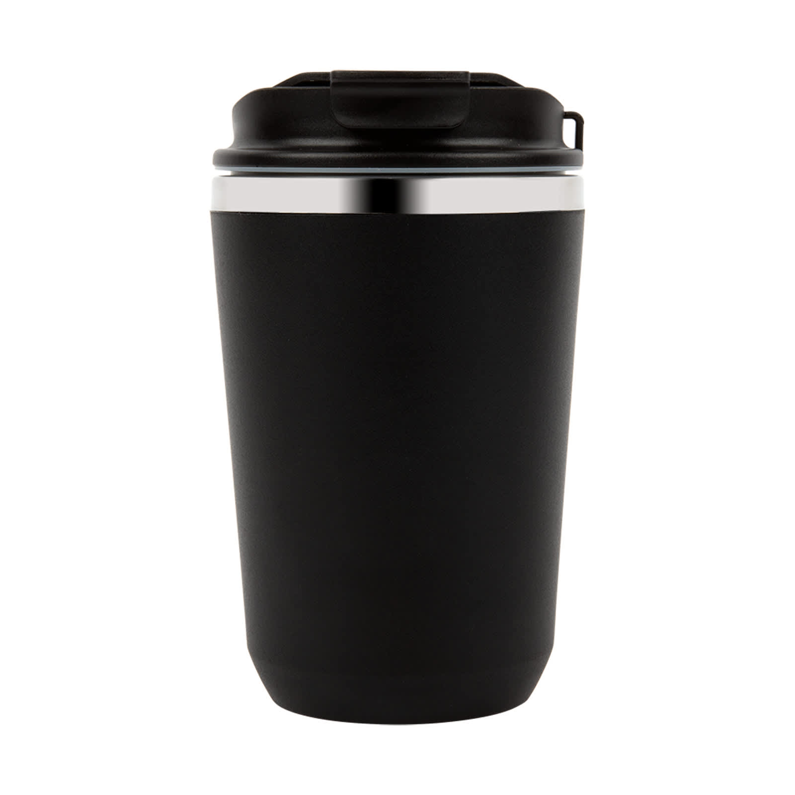 A black drink bottle with a silver band around the lid and a secure closing mechanism.
