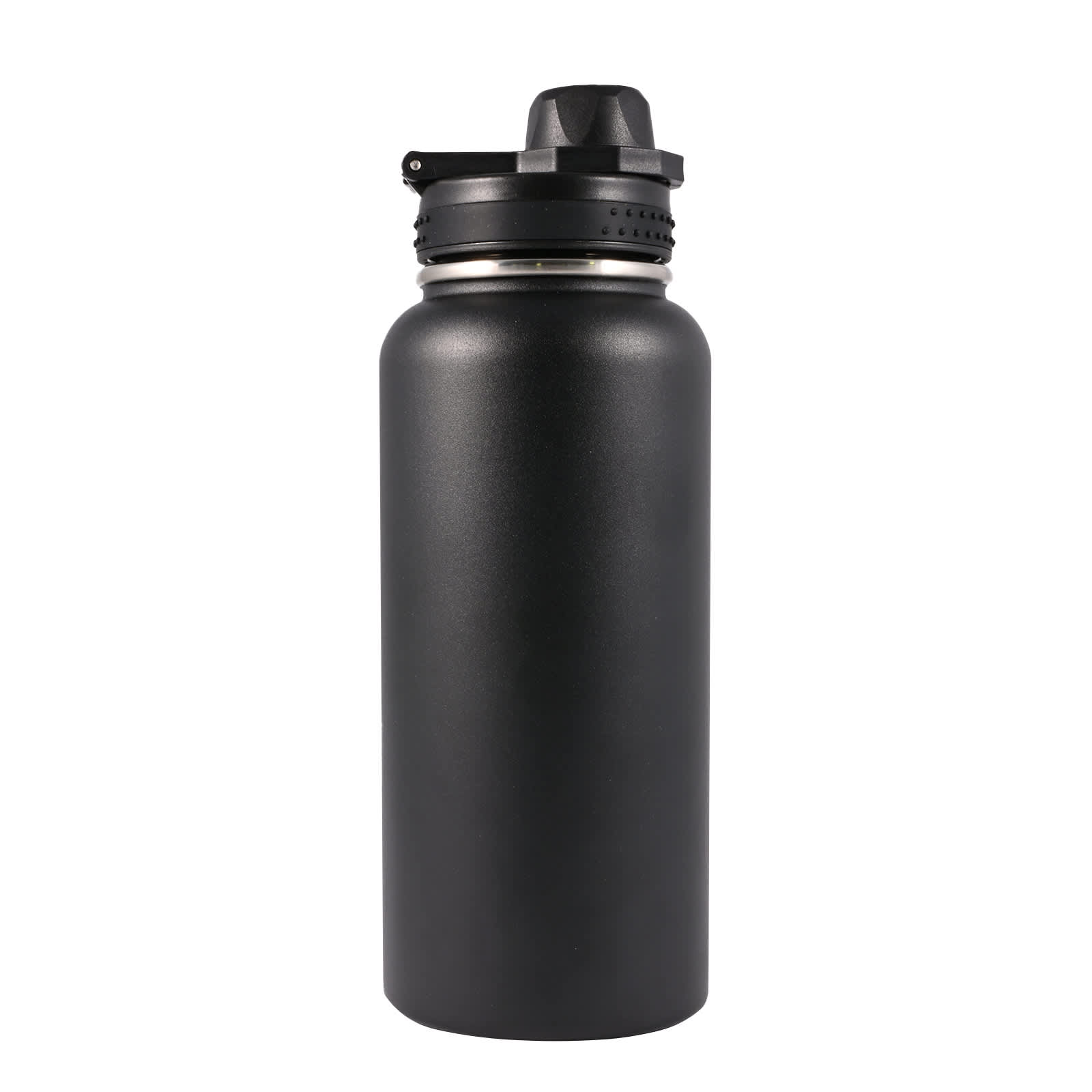 A drink bottle in matte black finish with a screw-on lid and a built-in spout, featuring a logo.