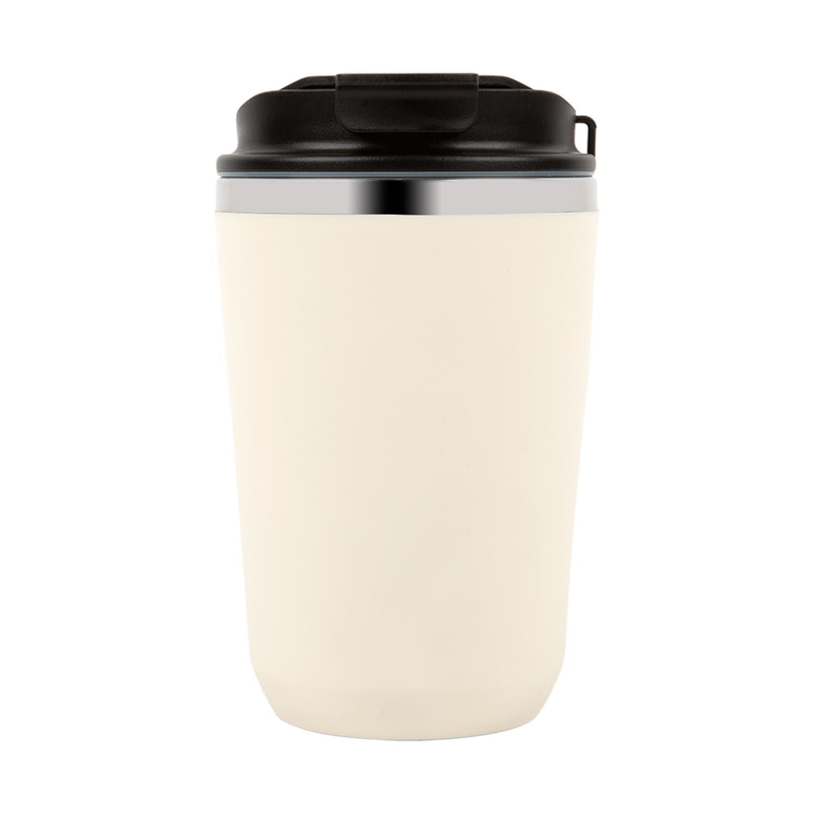 A cream-coloured drink bottle with a black lid and a silver band near the top. It features a logo.
