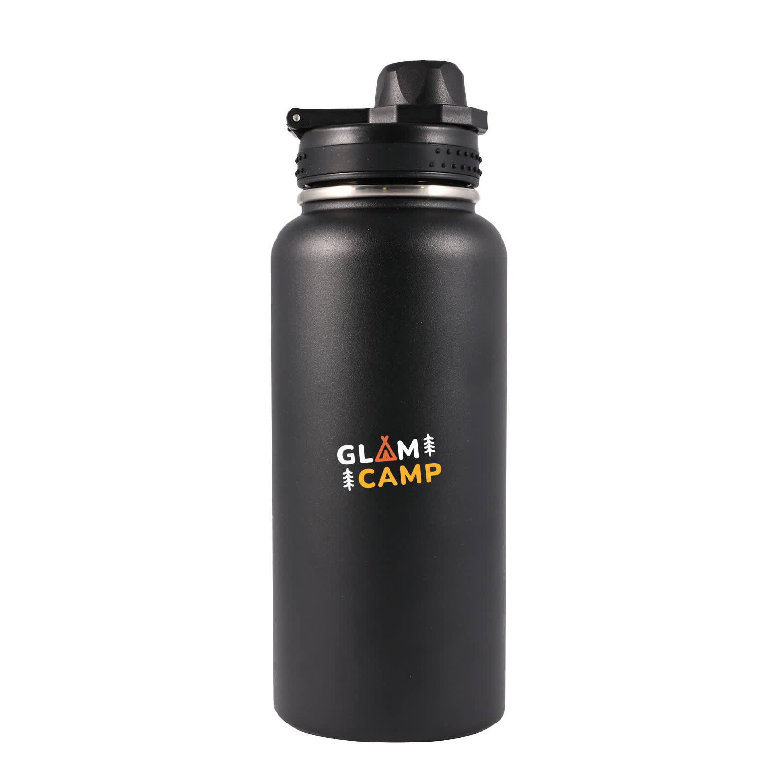 A drink bottle in sleek black with a black cap and a logo featuring the words "Glam Camp" in orange and white.