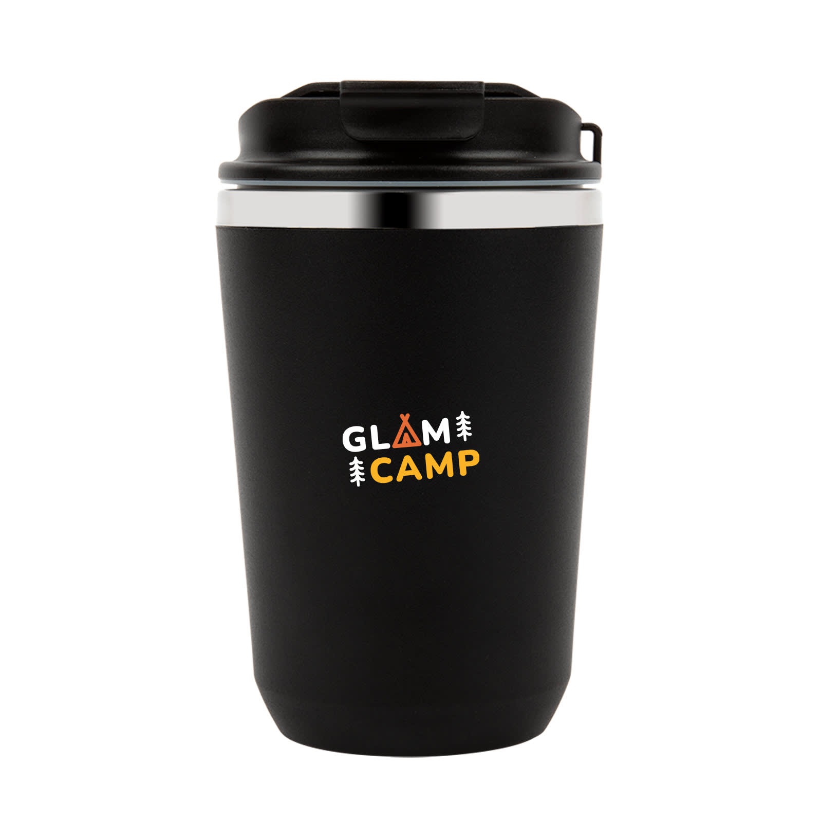 A drink bottle in matte black with a silver band and a logo featuring the words "GLAM CAMP."