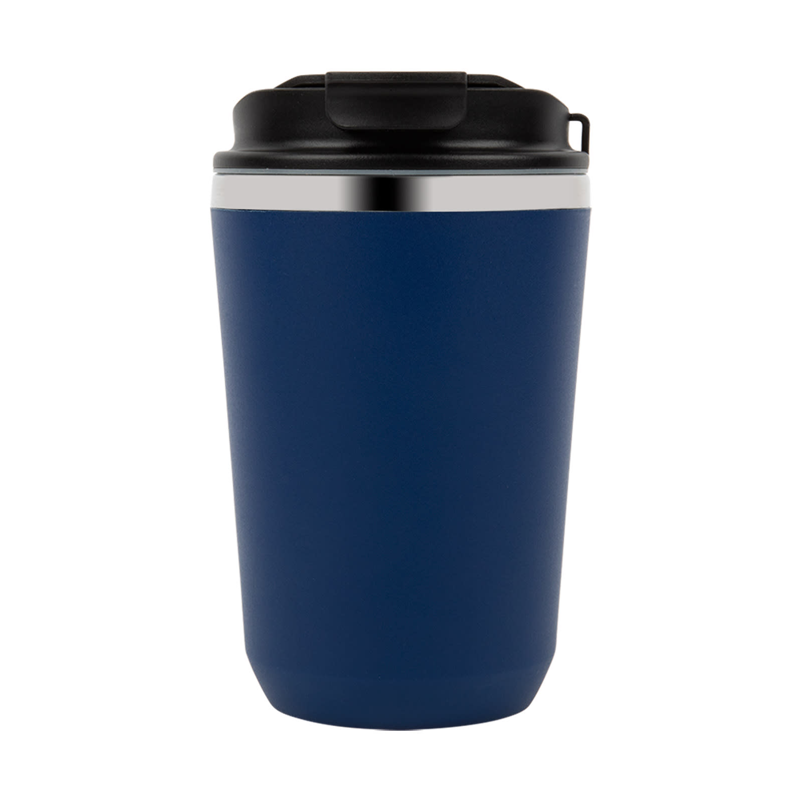 A drink bottle in navy blue with a black lid and a silver trim, featuring a sleek design.