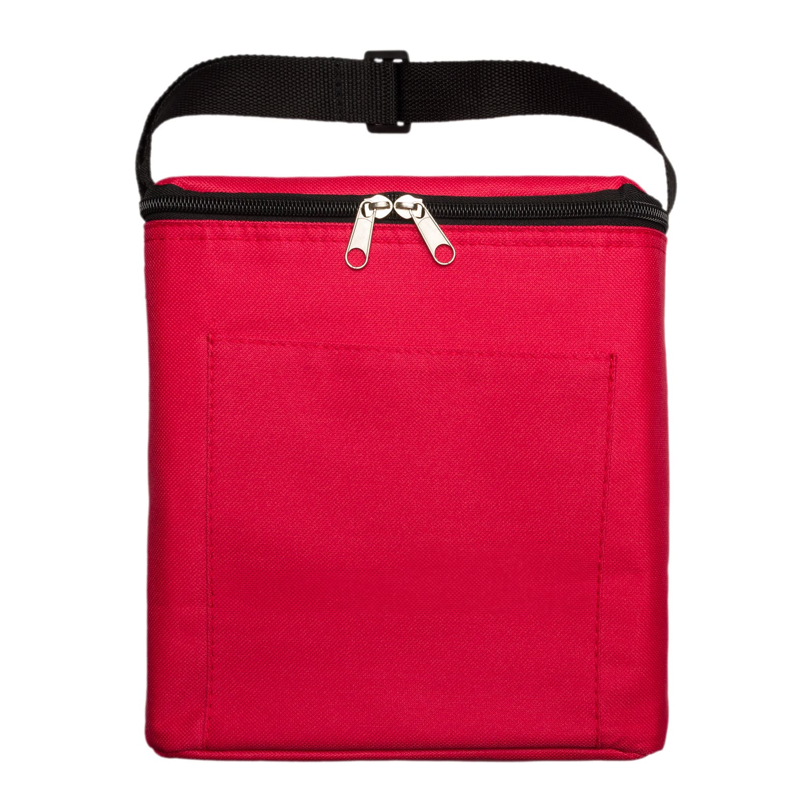 A red insulated bag with a zip closure and a front pocket, featuring a black strap on top.