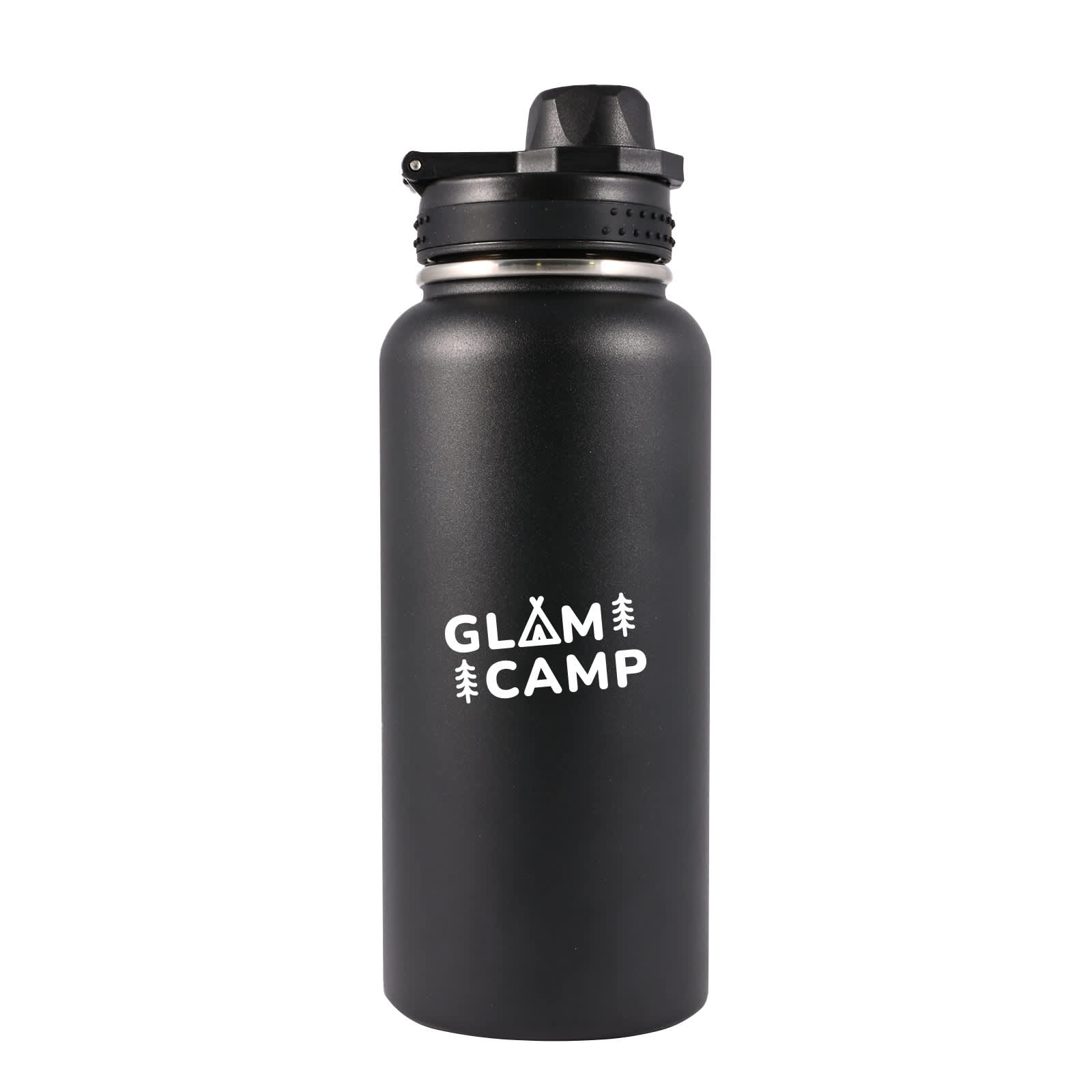 A drink bottle with a matte black finish, featuring a screw top lid and a logo.