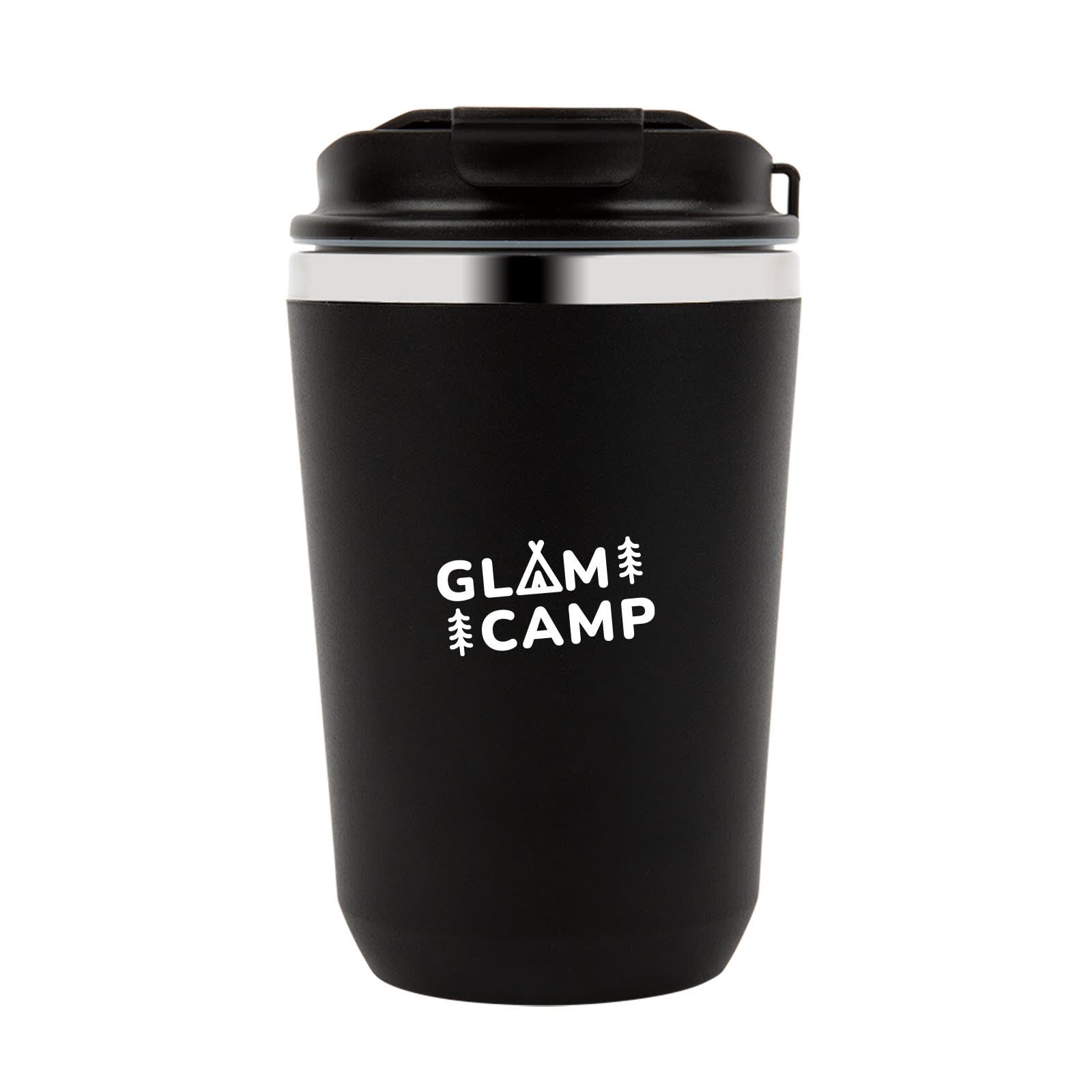 A black drink bottle with a silver band at the top, featuring a logo.