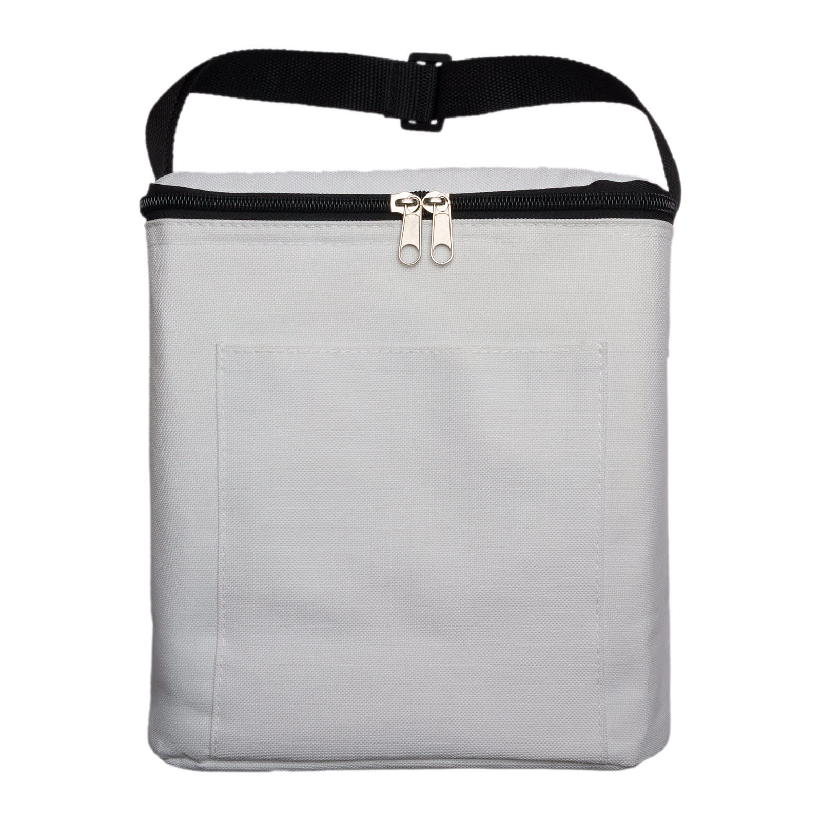 A grey insulated cooler bag with a zip closure and a black adjustable strap. It features a front pocket.