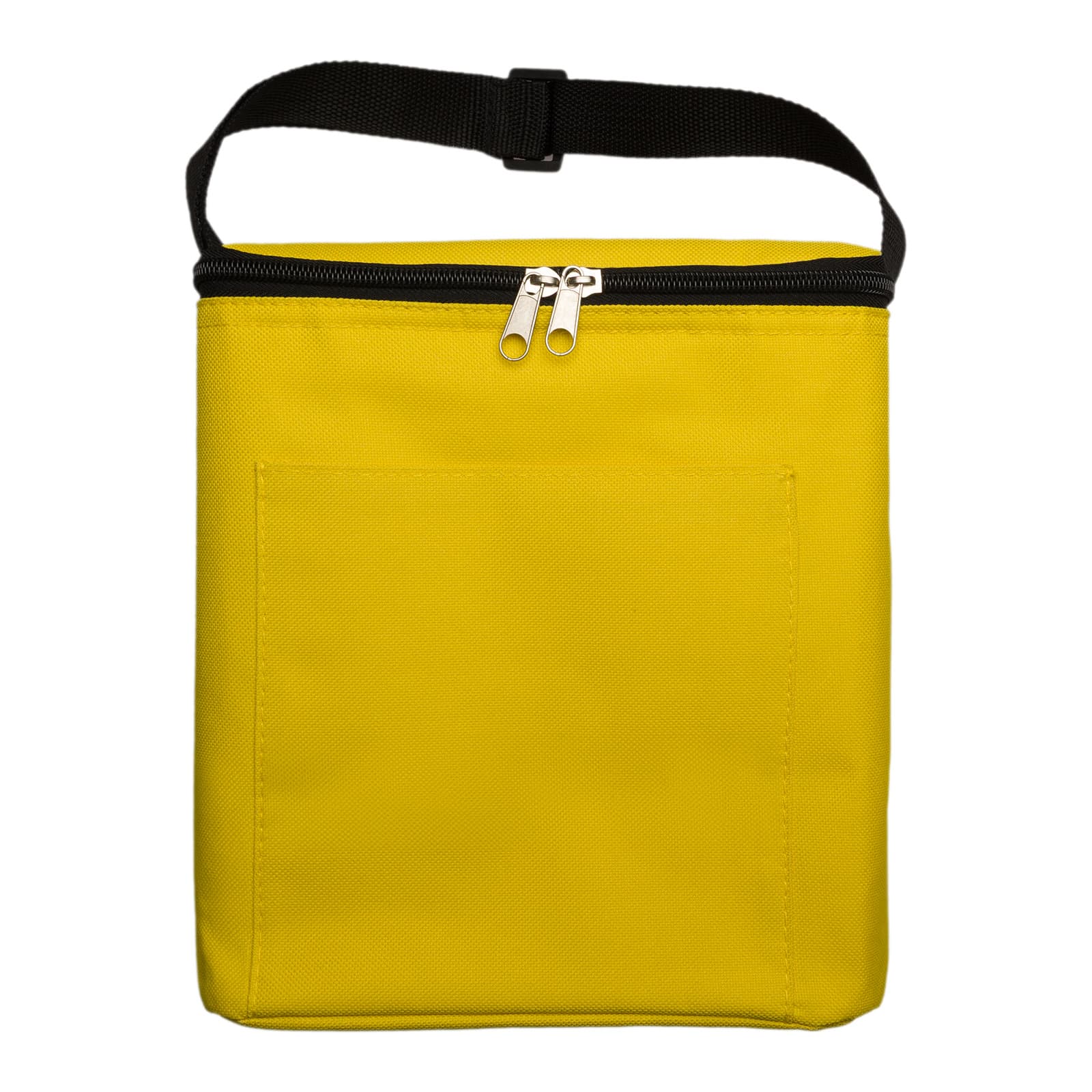 A yellow zippered tote bag with a black strap and a front pocket. It has a simple, solid design.