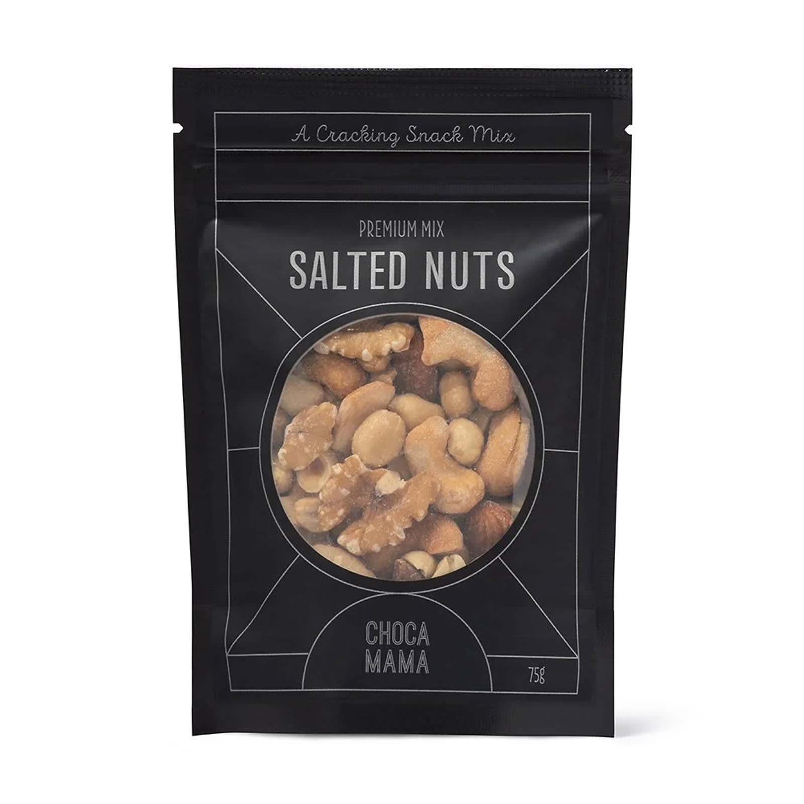 A snack mix bag contains salted nuts, featuring a variety of nuts in a black packaging with a logo.