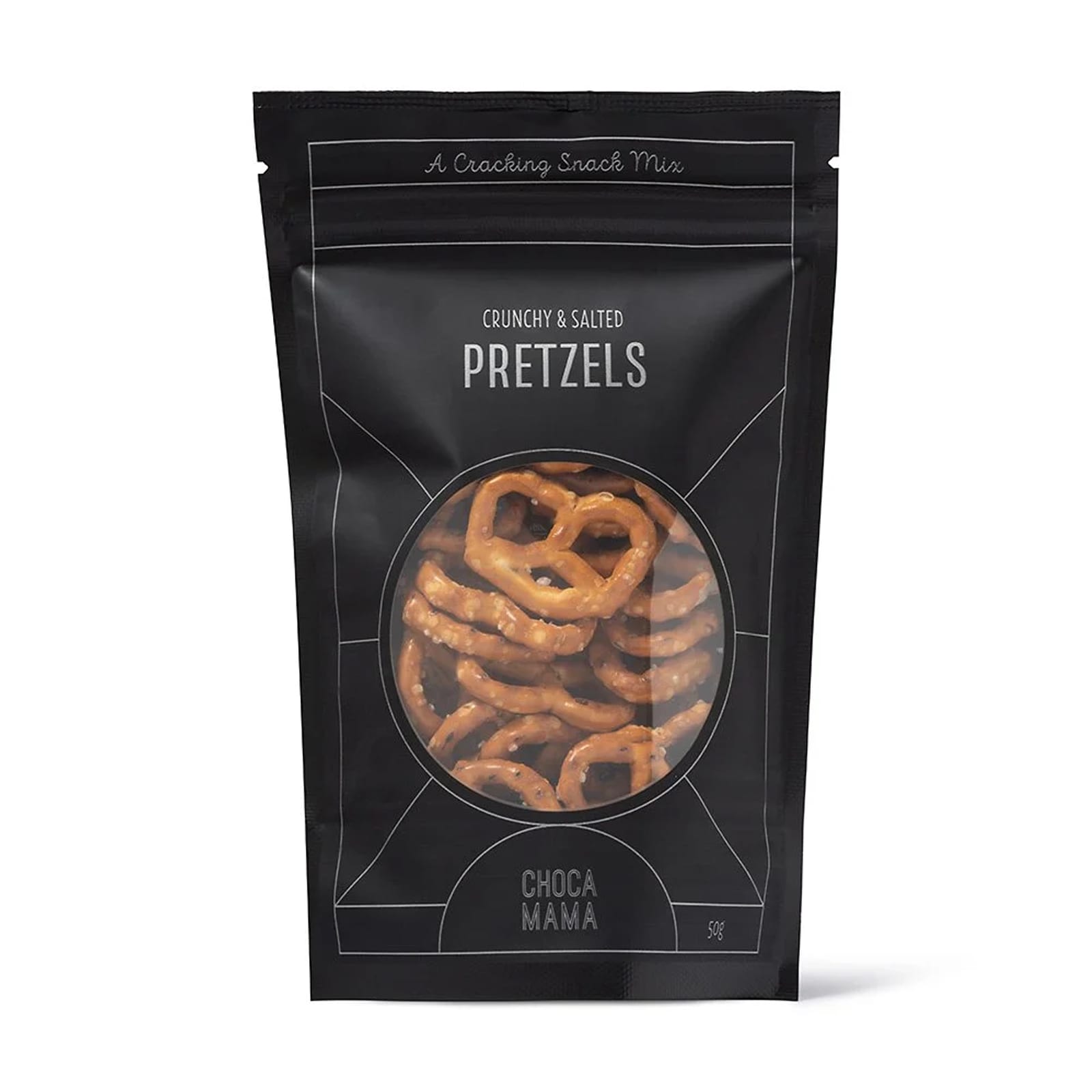 A black packaging bag filled with crunchy, salted pretzels. The bag features a logo and decorative design.