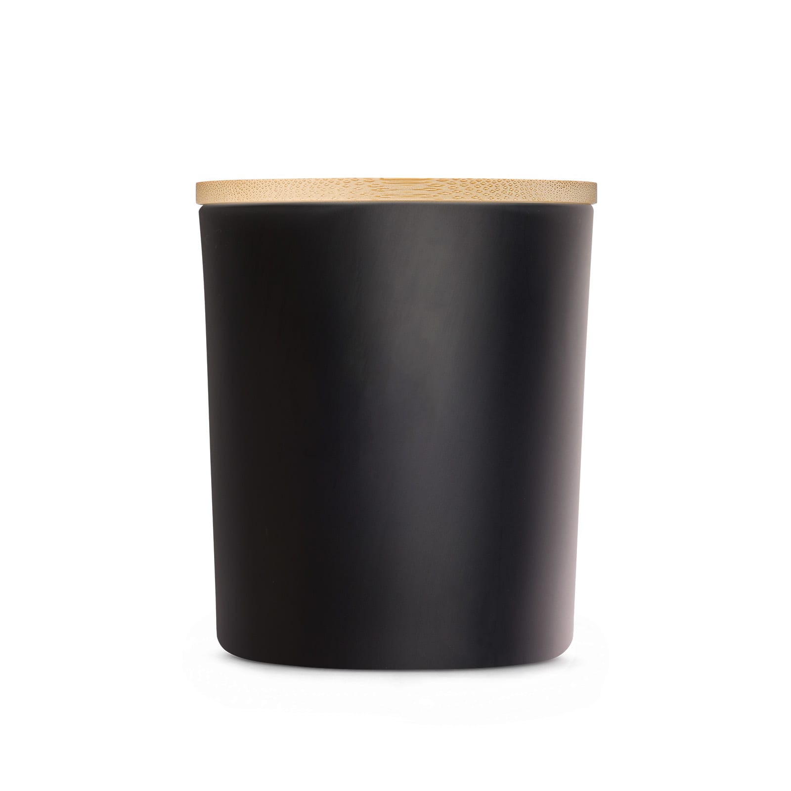 A black container with a bamboo lid. It has a sleek design suitable for home decor.