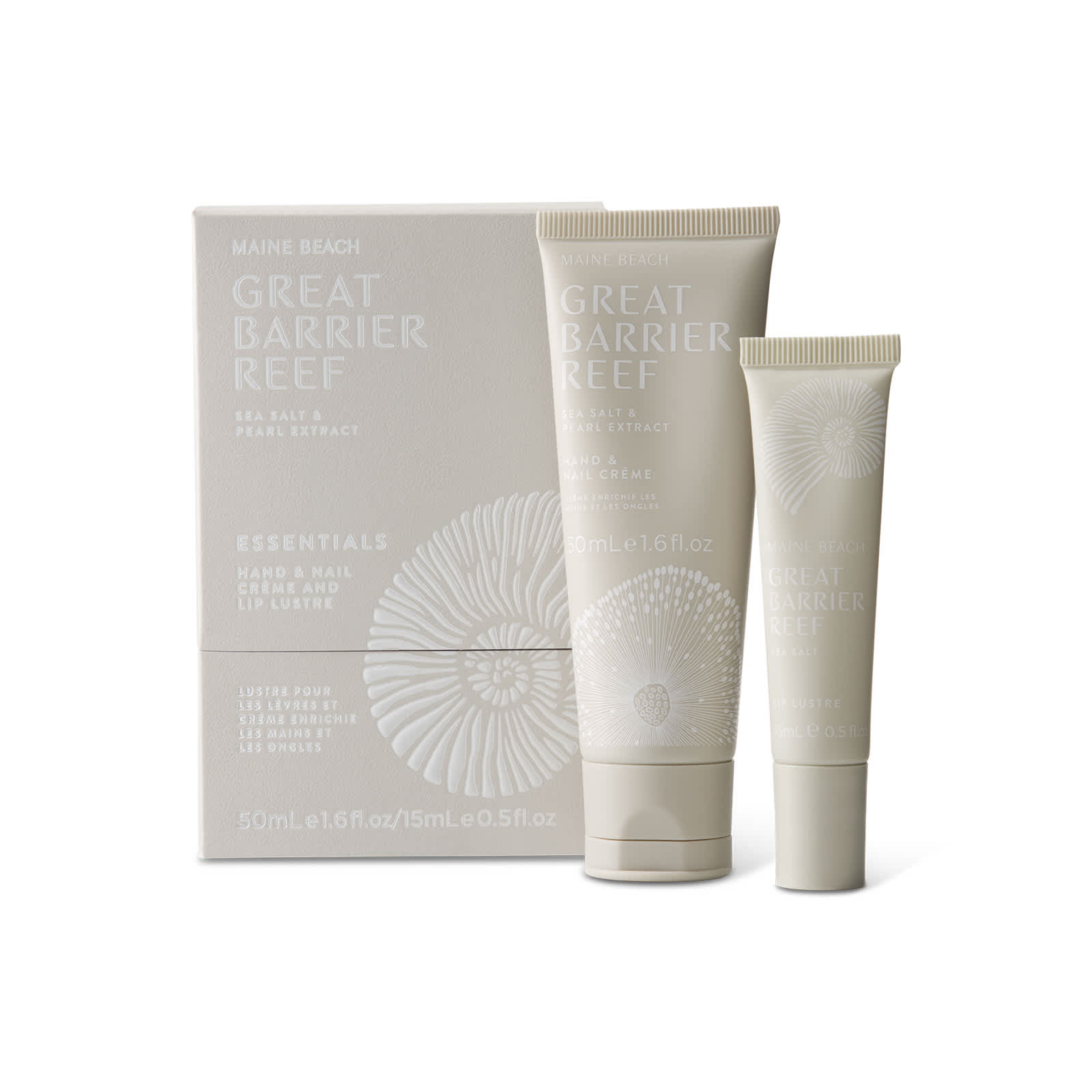 A cream tube and a lip lustre in neutral packaging featuring a logo, with designs inspired by the Great Barrier Reef.