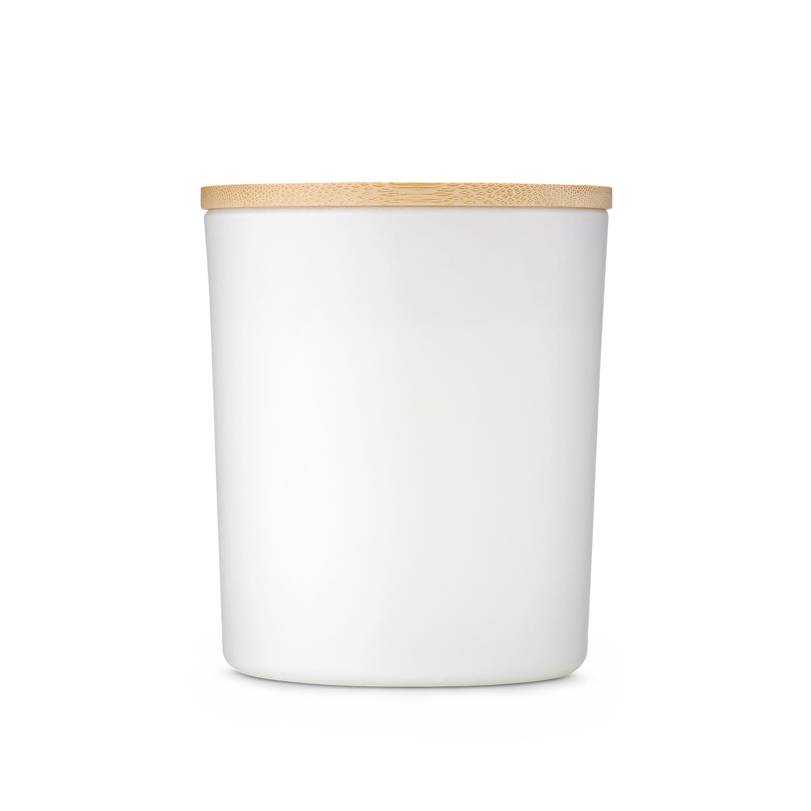 A white candle holder with a bamboo lid. The design is simple and elegant, suitable for home decor.