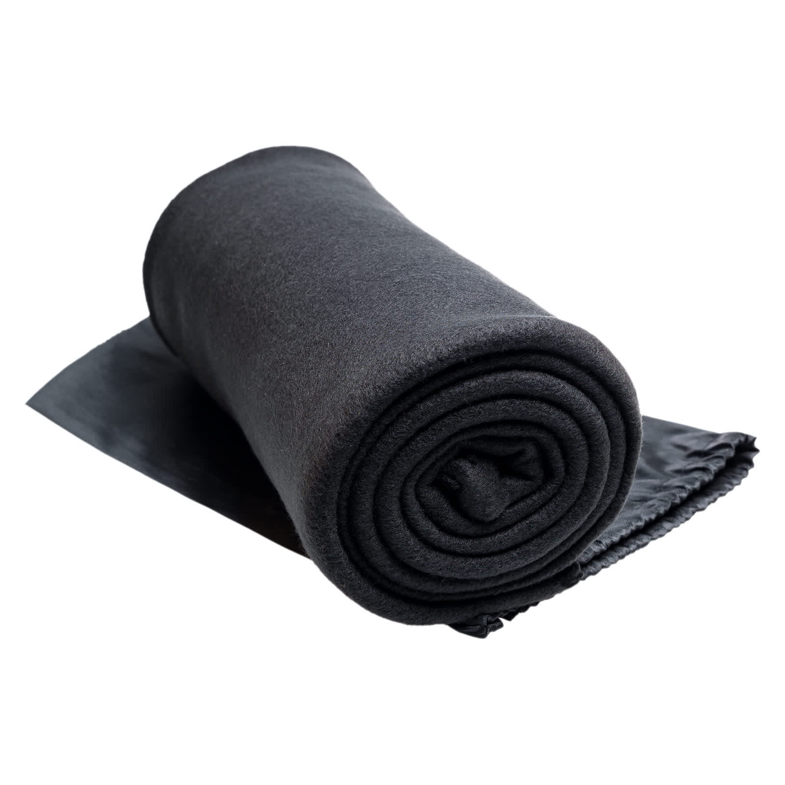 A rolled black fleece blanket with a smooth outer lining, ready for use. It features a simple, unadorned design.