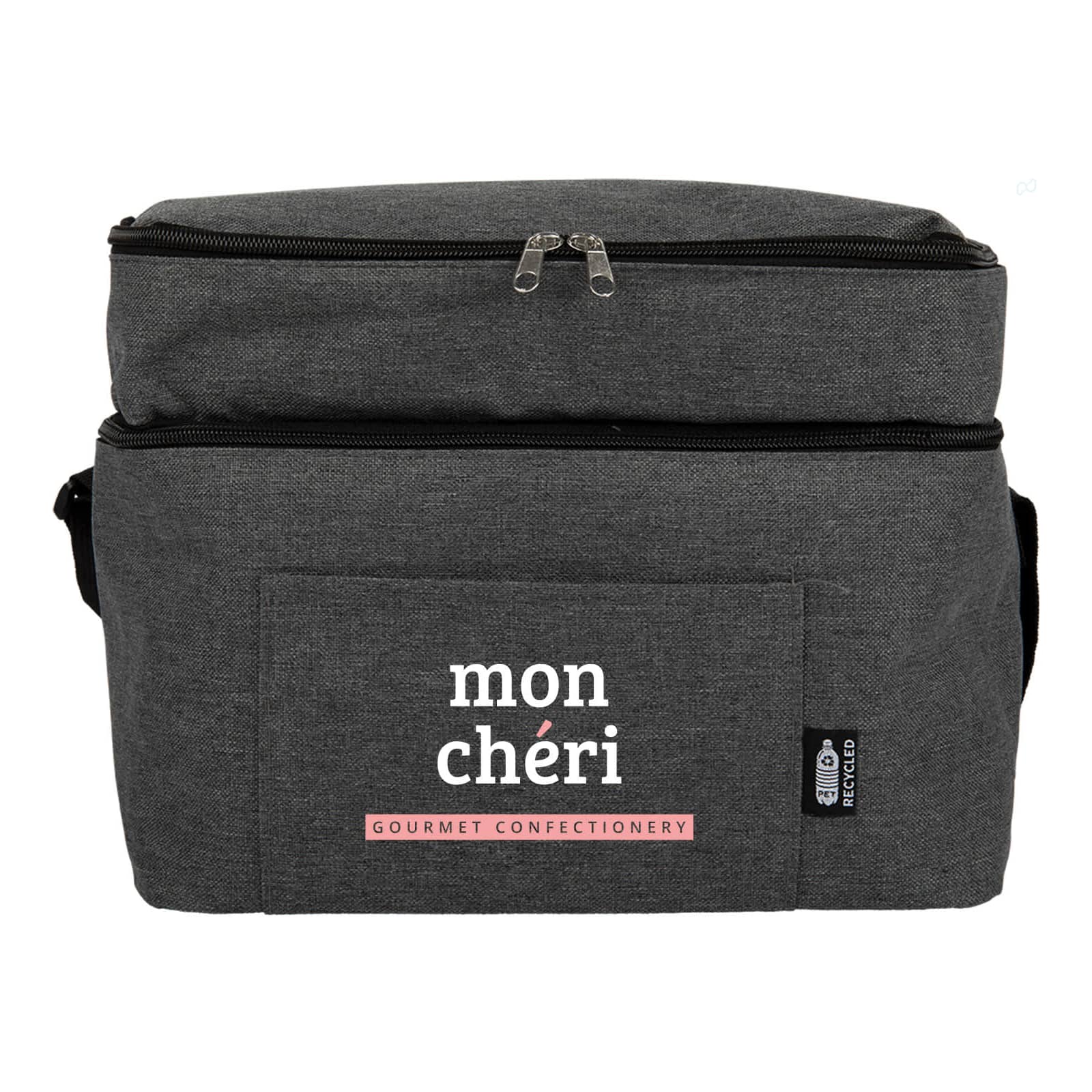 A grey insulated bag with a zippered top and a pocket featuring a logo.