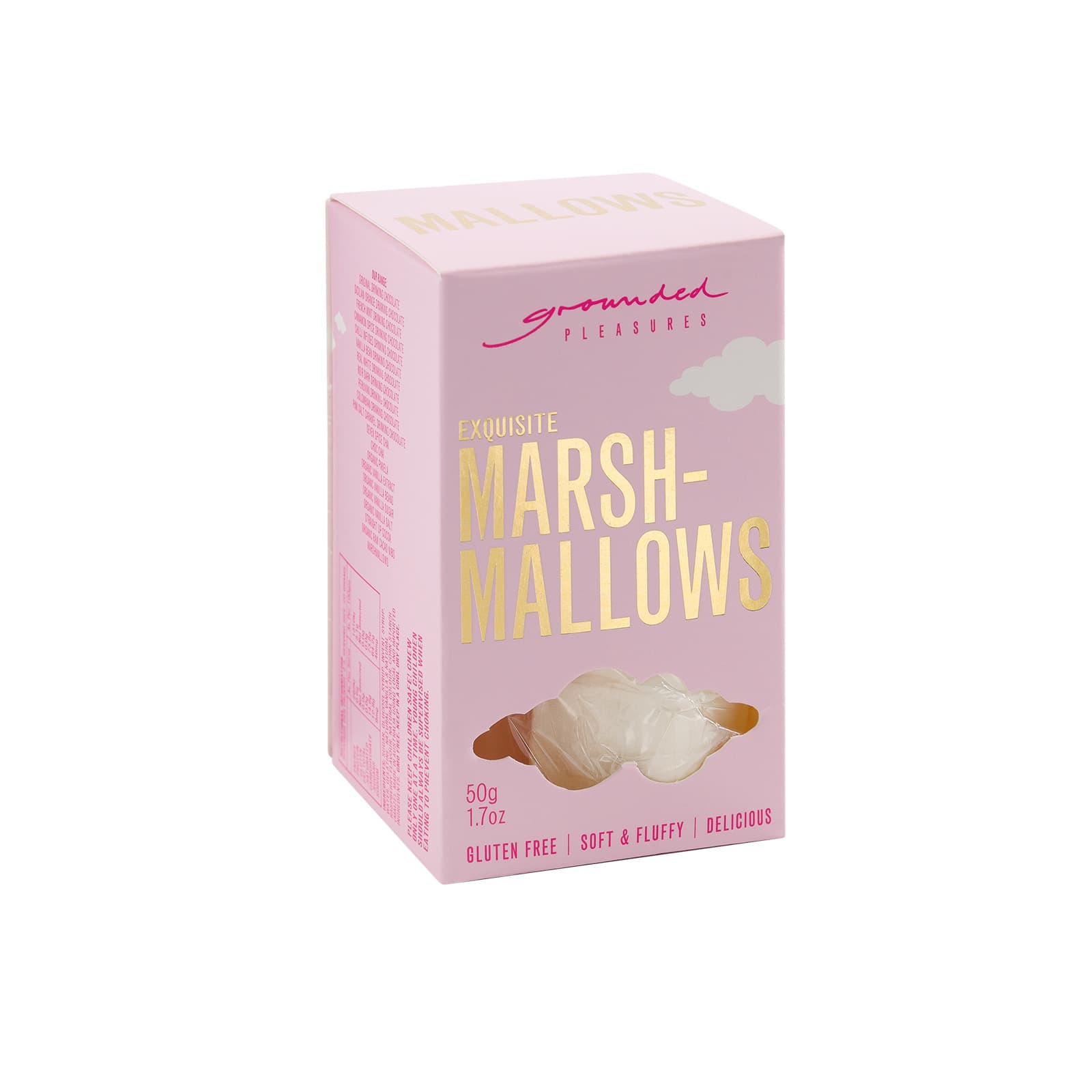 A pink box of gluten-free marshmallows with a soft and fluffy texture. It features a logo on the packaging.