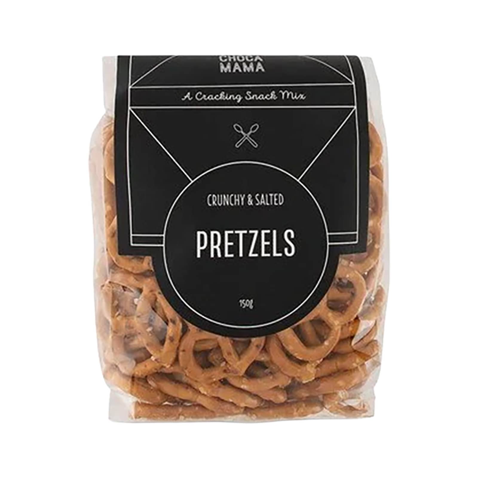 A clear bag of crunchy and salted pretzels in a brown and black packaging, featuring a logo.